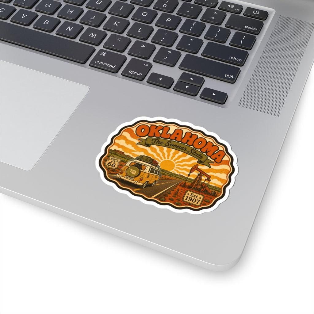 OKLAHOMA Route 66 van sticker decal on a laptop surface with white kiss-cut border.