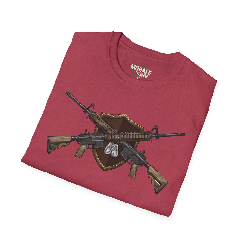 Maroon tactical graphic t-shirt with “MORALE by TRV” logo and large rifle design