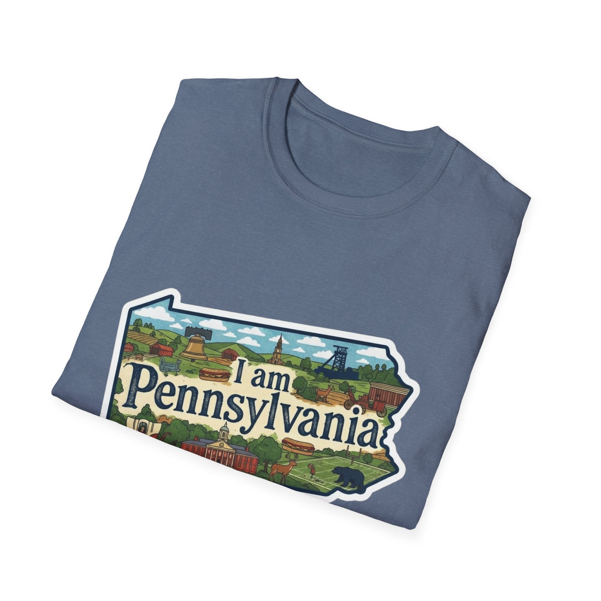 „I am Pennsylvania“-Landschaftsprint auf blauem T-Shirt, Frontansicht
