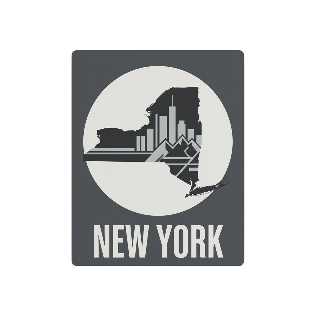 Dark gray square metal art sign with New York skyline inside a circle and “NEW YORK” text