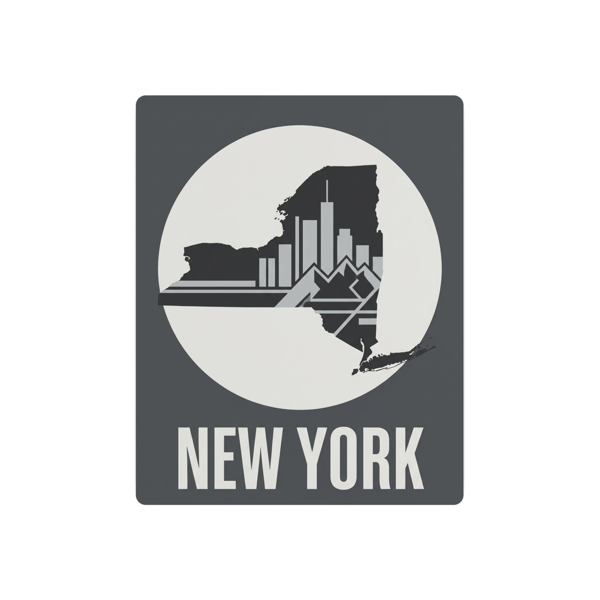 Dark gray square metal art sign with New York skyline inside a circle and “NEW YORK” text