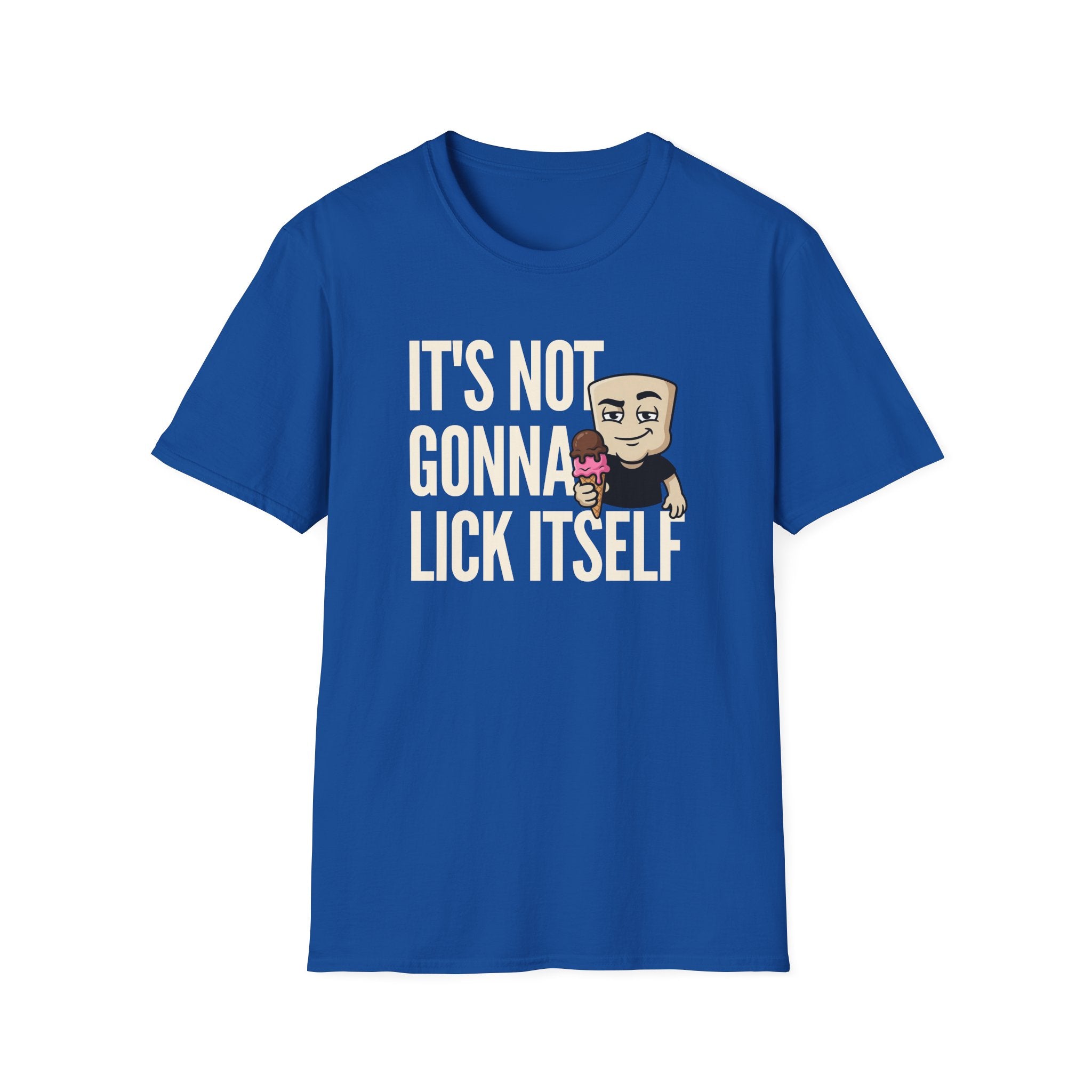 Blue graphic T-shirt with humorous text and cartoon character