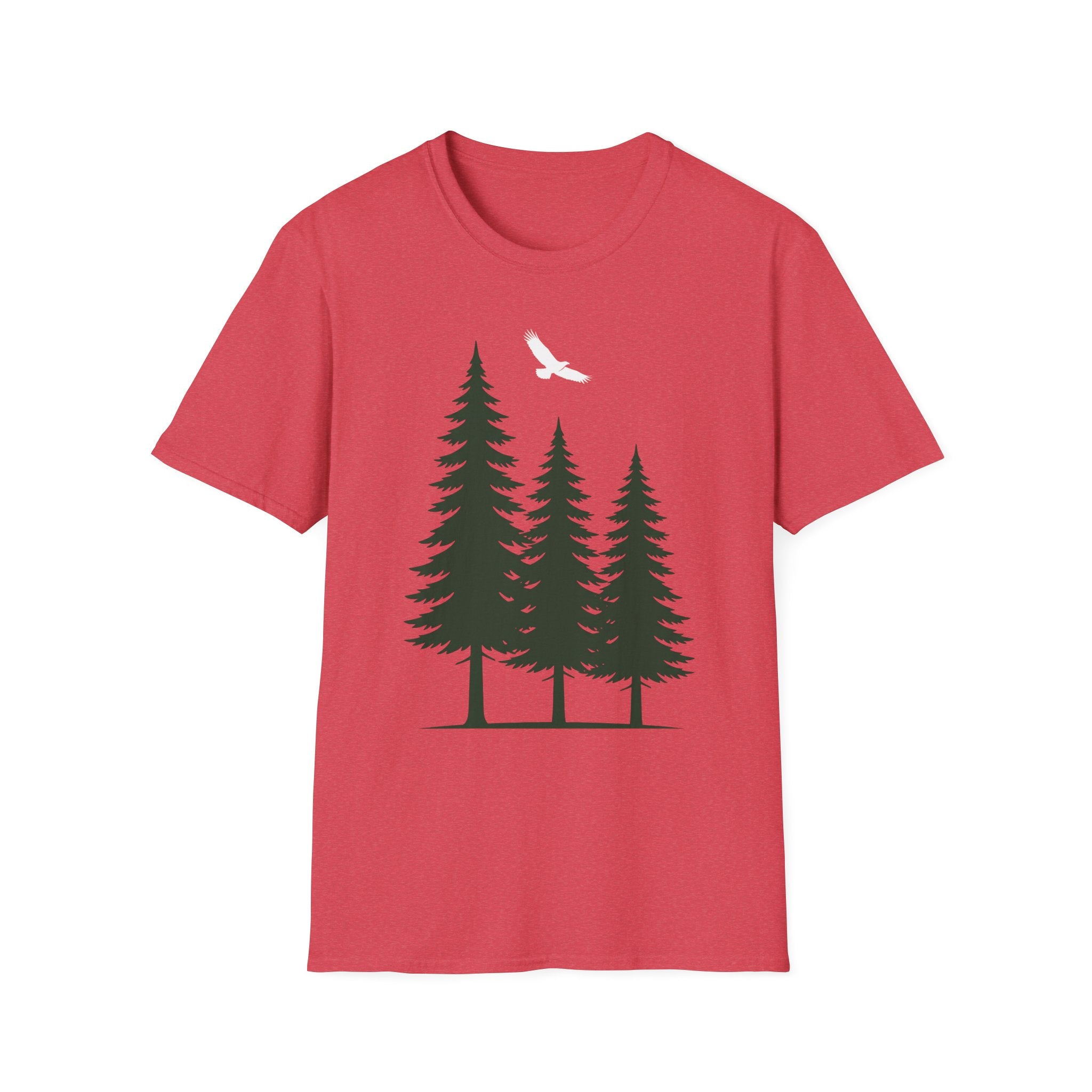Forest nature T-shirt in red with pine trees graphic and white flying bird