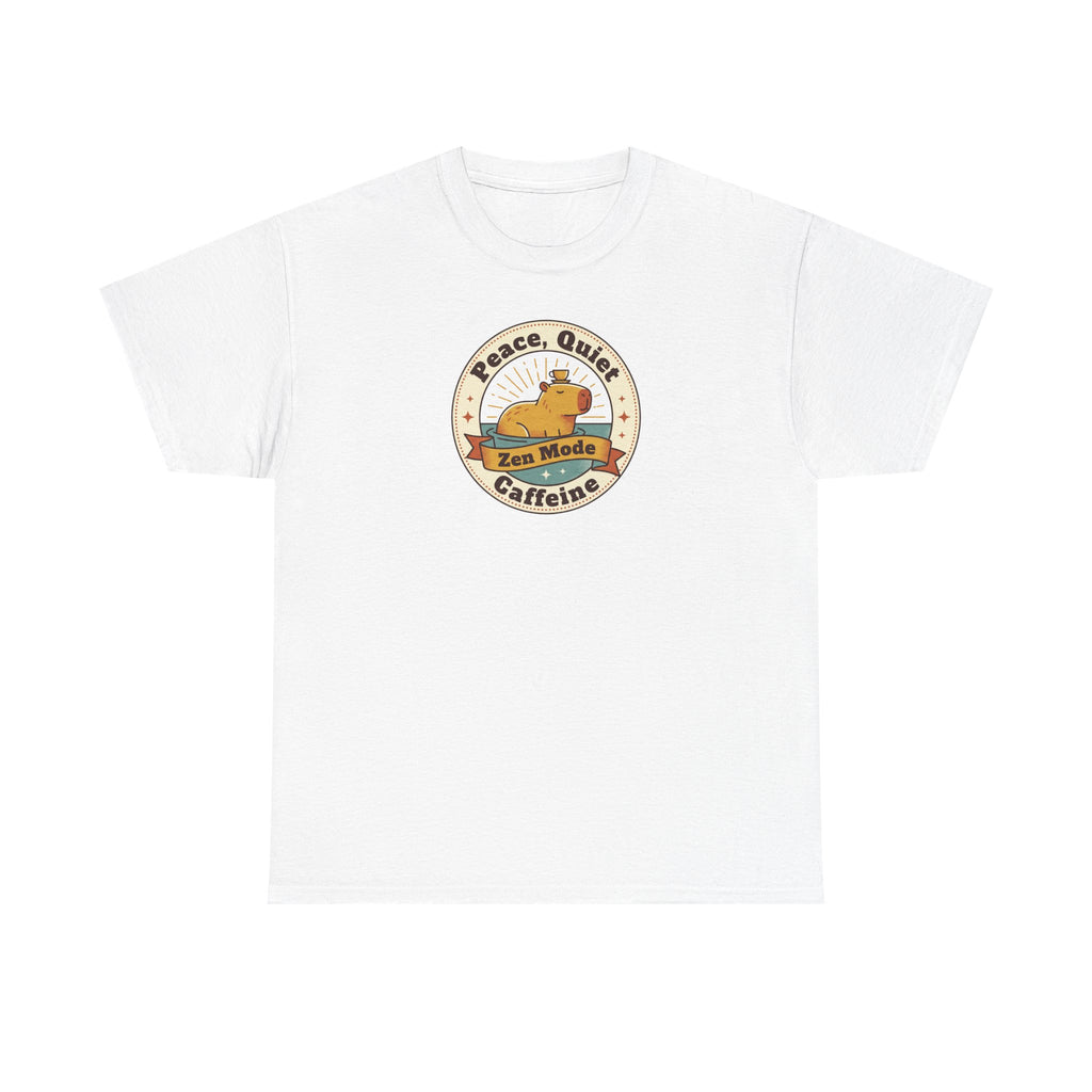 White crew neck T-shirt with Peace Quiet Caffeine Zen Mode circular emblem