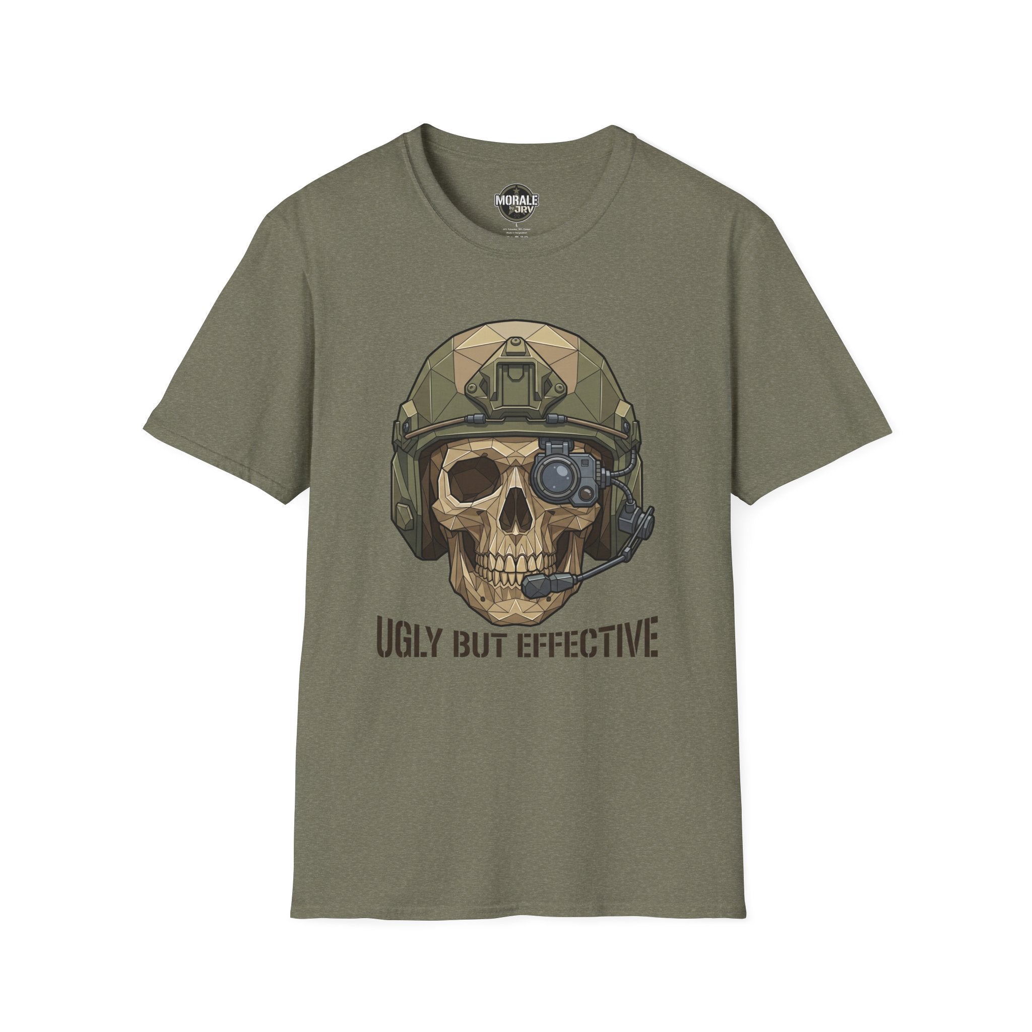 Olivgrünes T-Shirt mit Totenkopf im taktischen Helm und „Ugly But Effective“