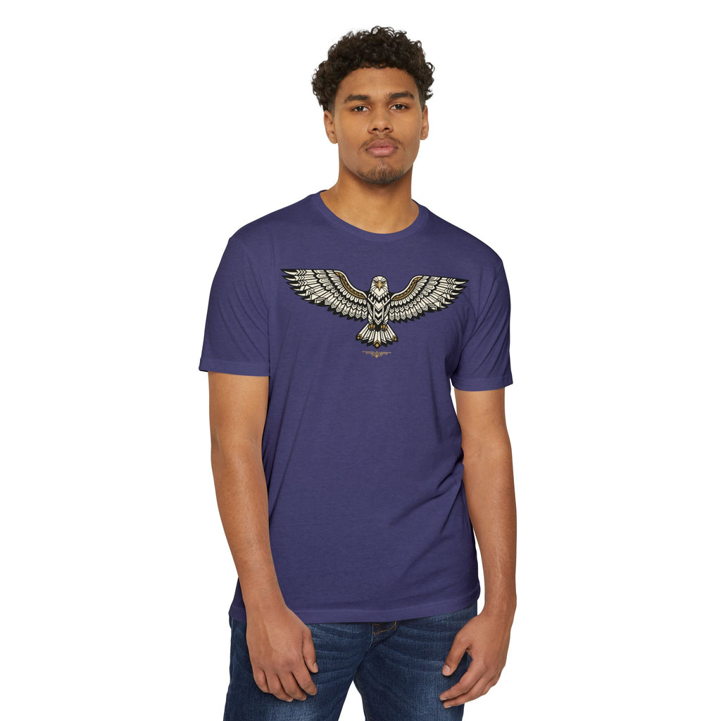Purple unisex T-shirt with soaring owl graphic print centered on the chest.