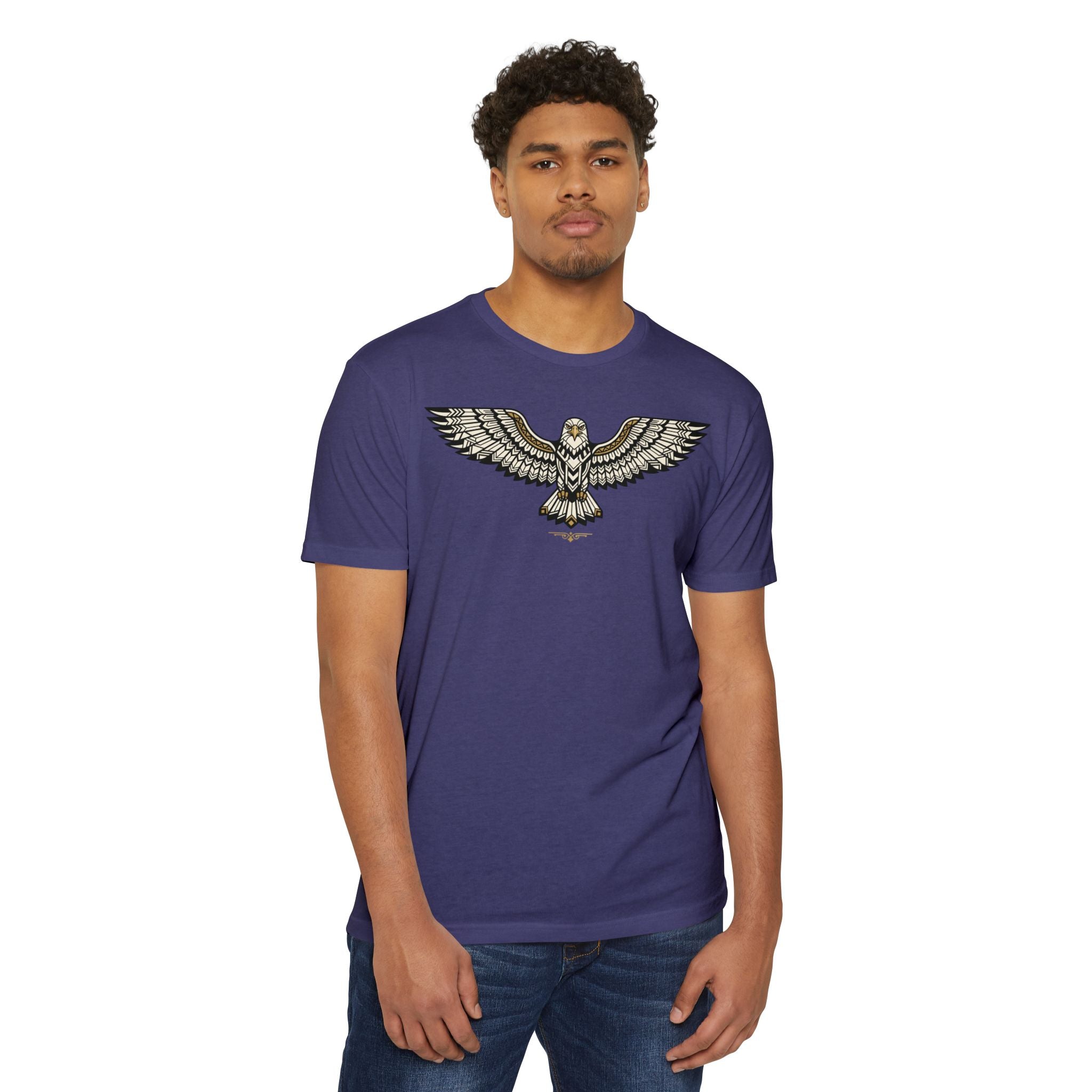Purple unisex T-shirt with soaring owl graphic print centered on the chest.