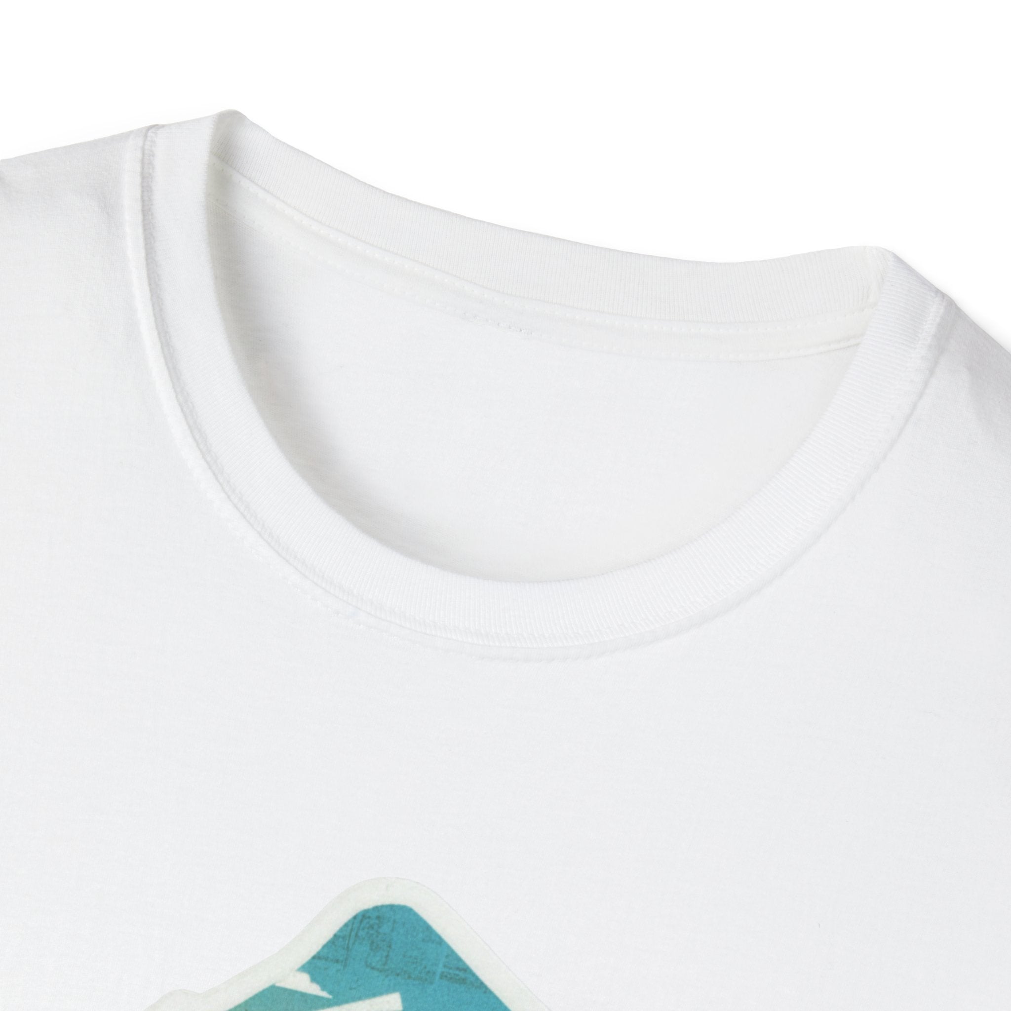 White crew-neck T-shirt with close-up collar and partial New Jersey graphic at chest.