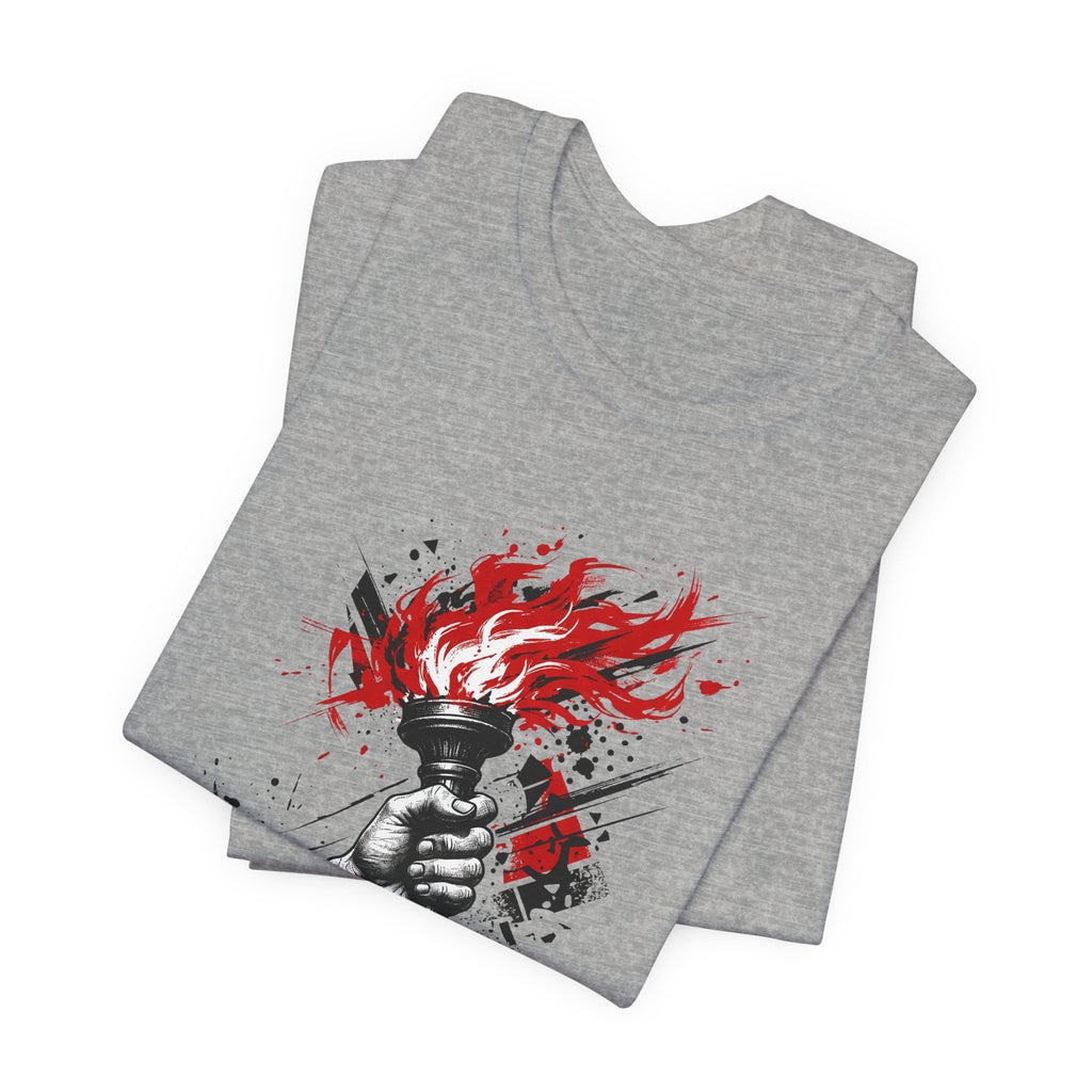 Dark gray graphic t-shirt with red flame torch statue hand print