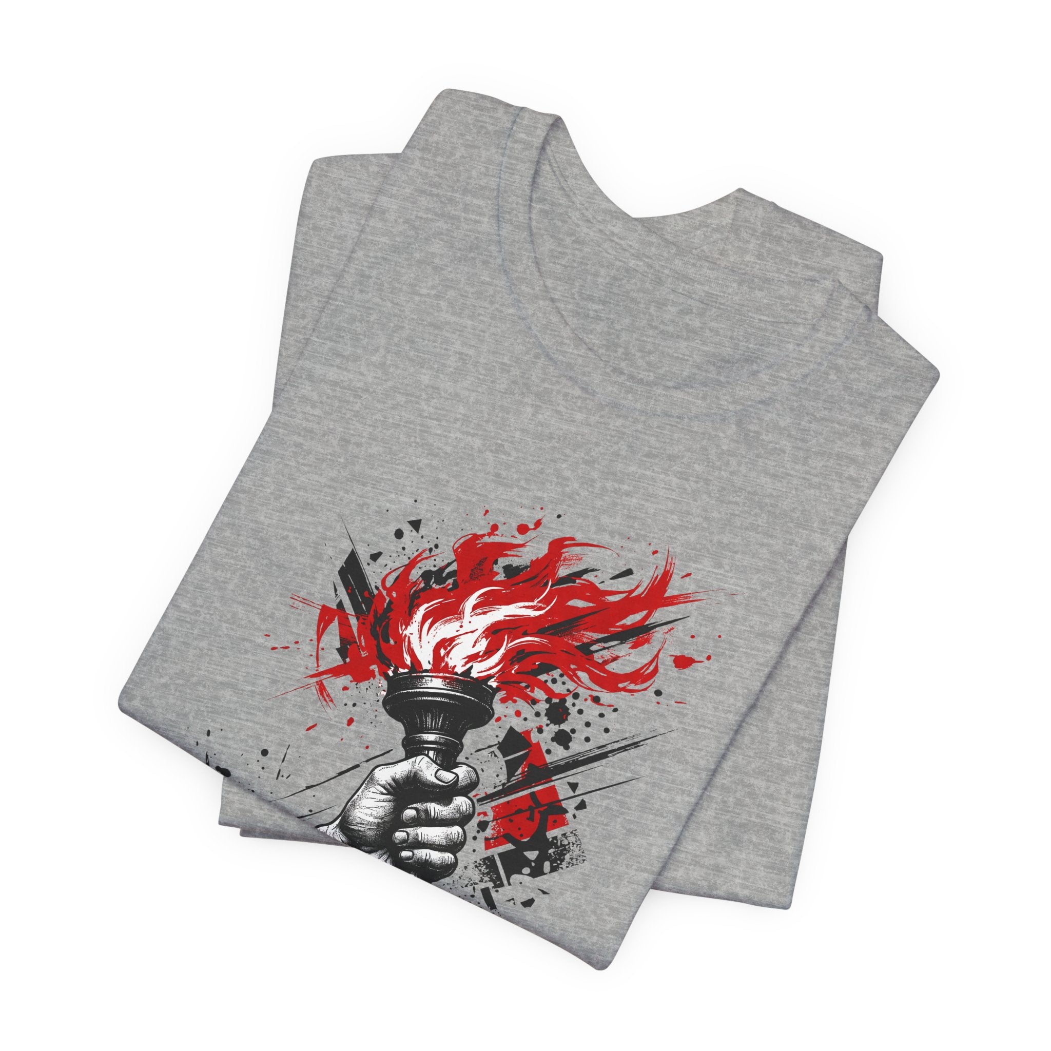 Dark gray graphic t-shirt with red flame torch statue hand print