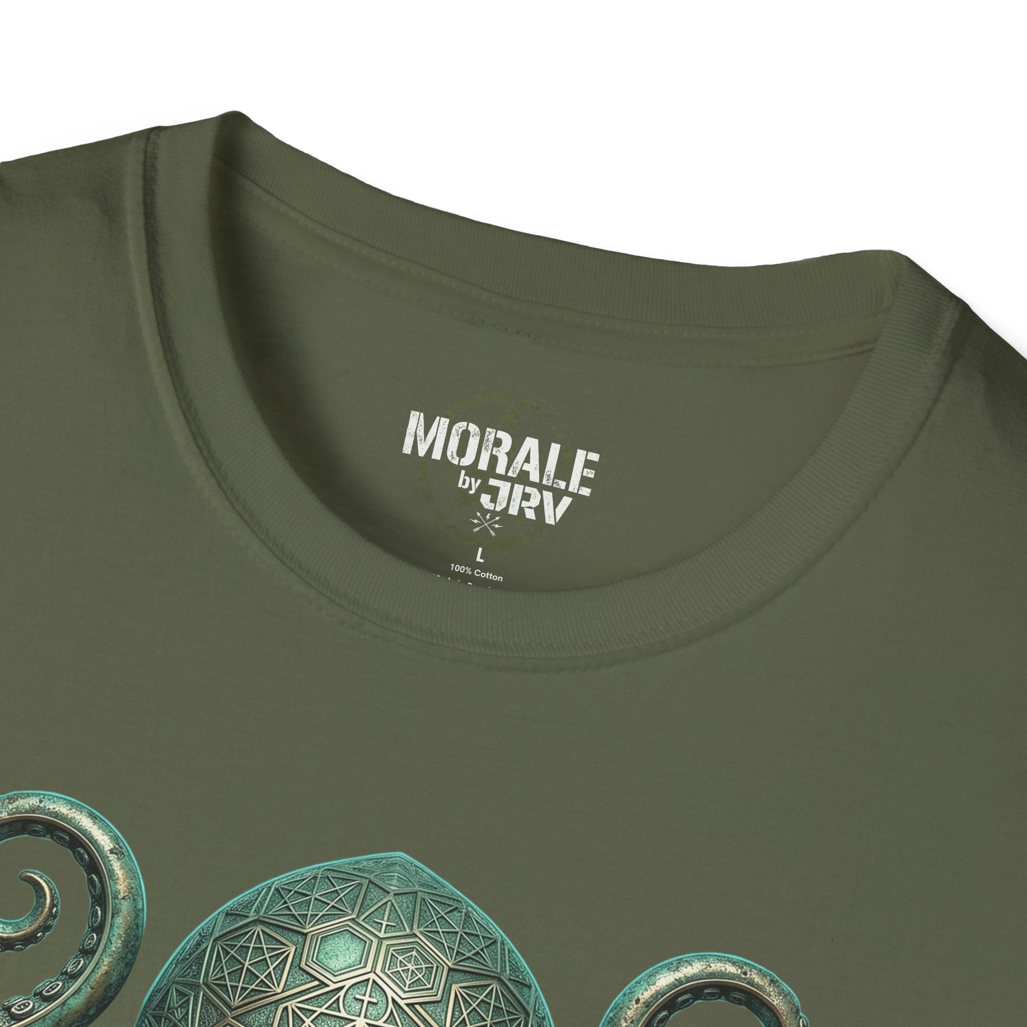 Crew neck with “MORALE by JRVI” logo on olive green T-shirt