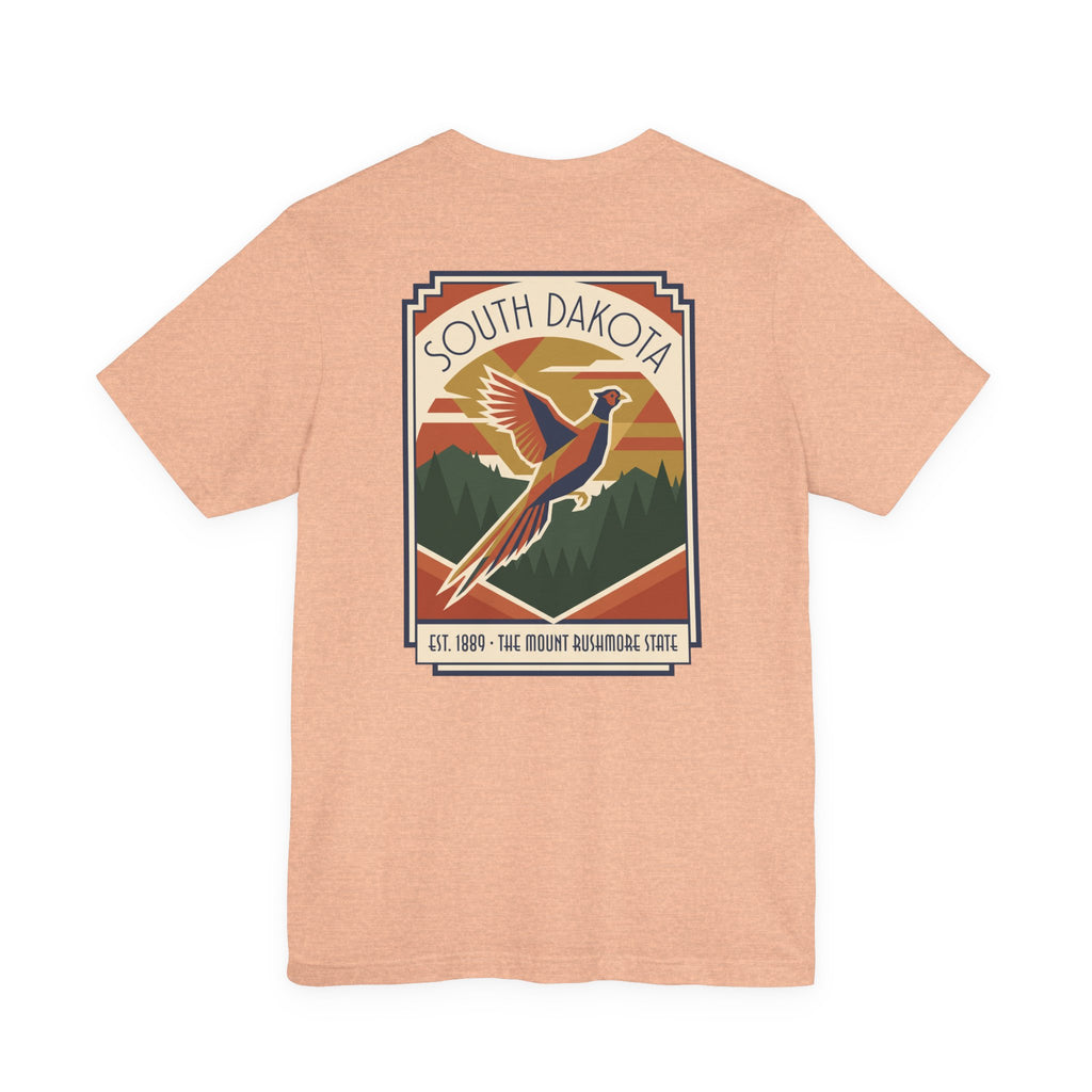 Peach t-shirt with South Dakota art deco pheasant graphic print
