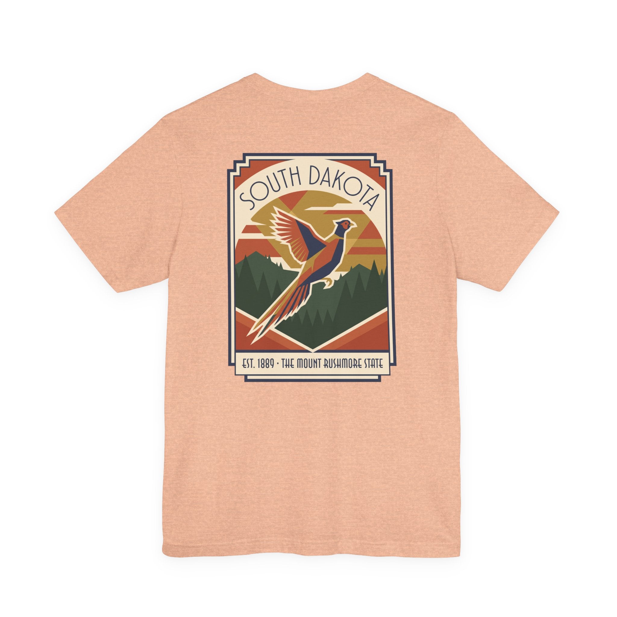 Peach t-shirt with South Dakota art deco pheasant graphic print