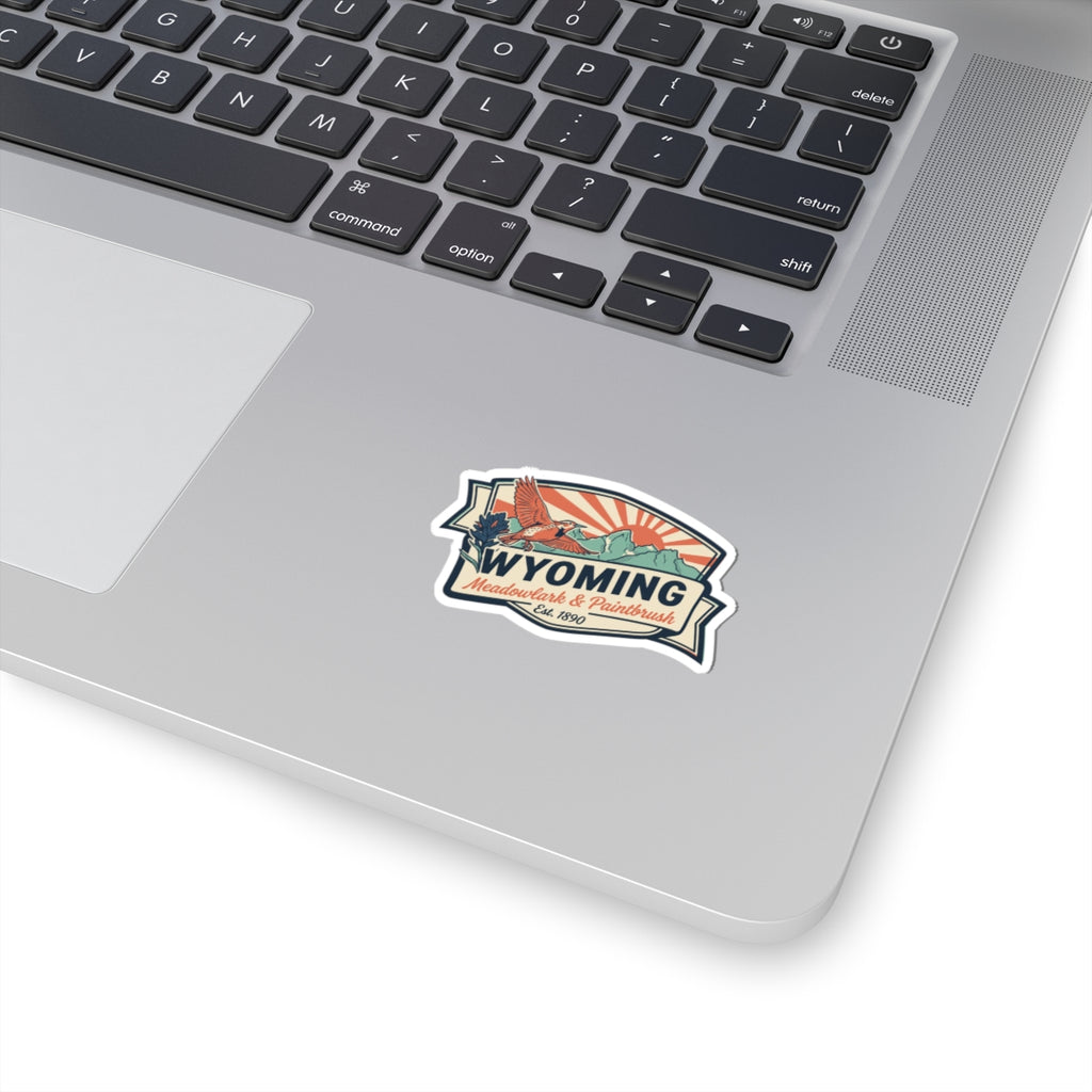Wyoming vintage badge vinyl sticker with meadowlark and paintbrush, multicolor