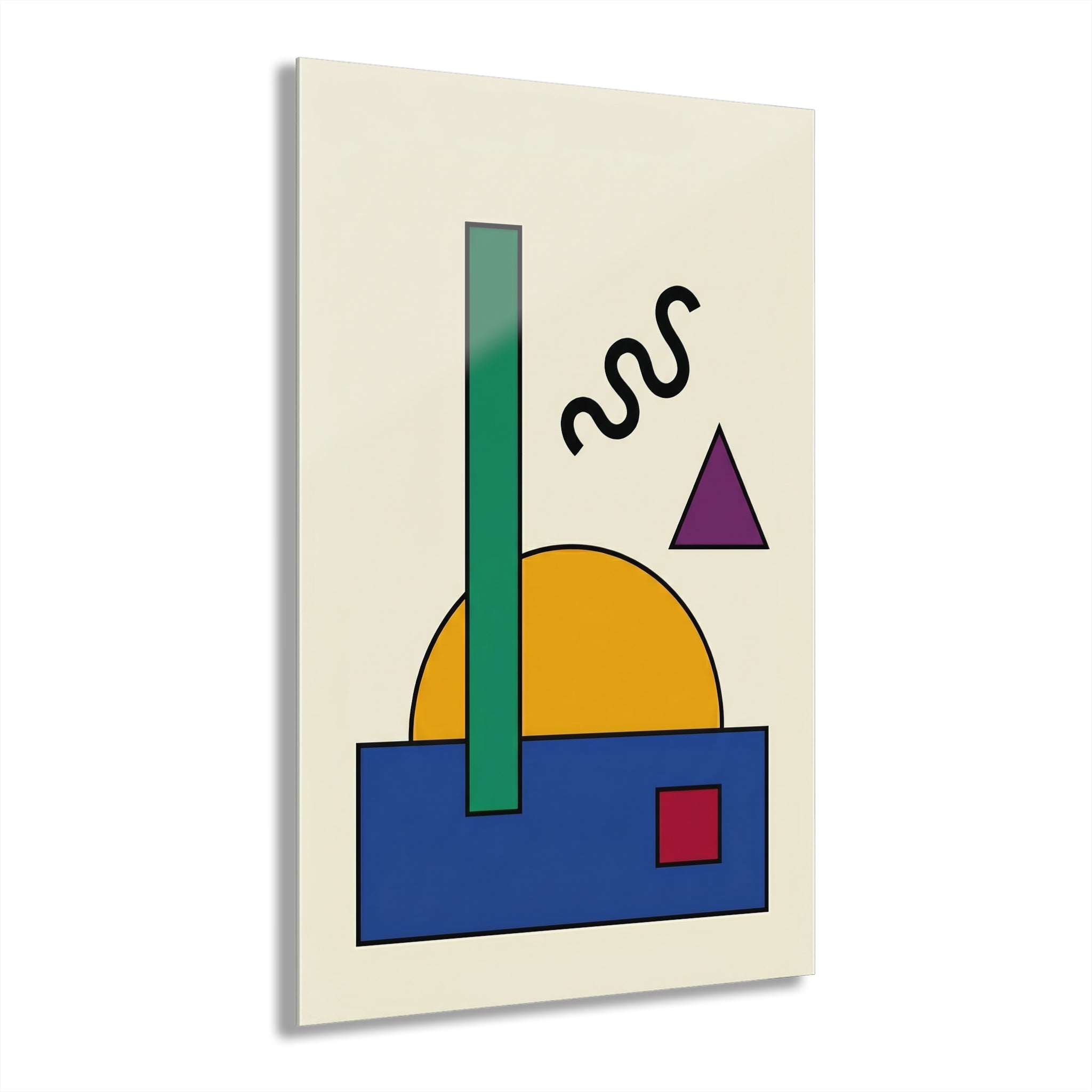 Geometric Sun wall art: yellow sun, blue base, green bar, purple triangle, red square