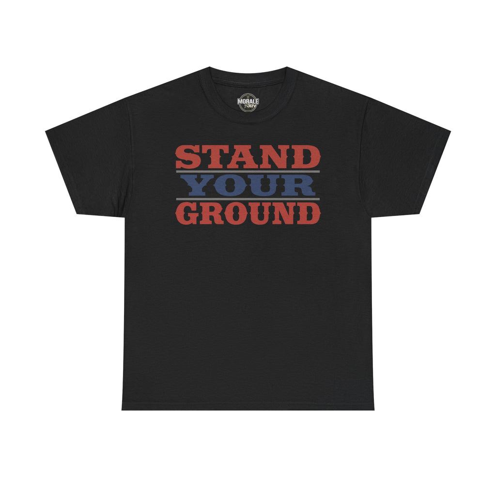 Black crewneck T-shirt with red and blue "STAND YOUR GROUND" vintage text print