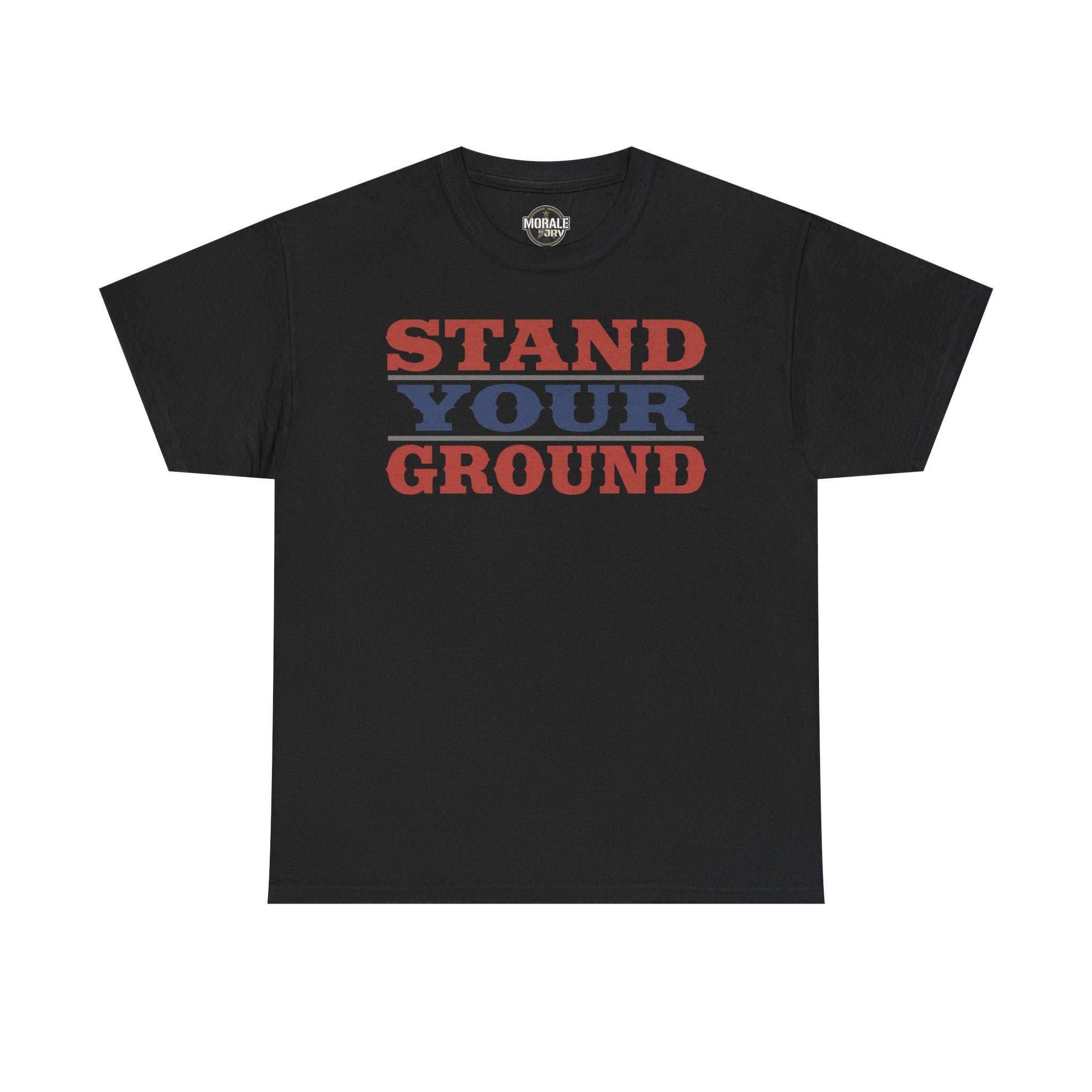 Black crewneck T-shirt with red and blue "STAND YOUR GROUND" vintage text print