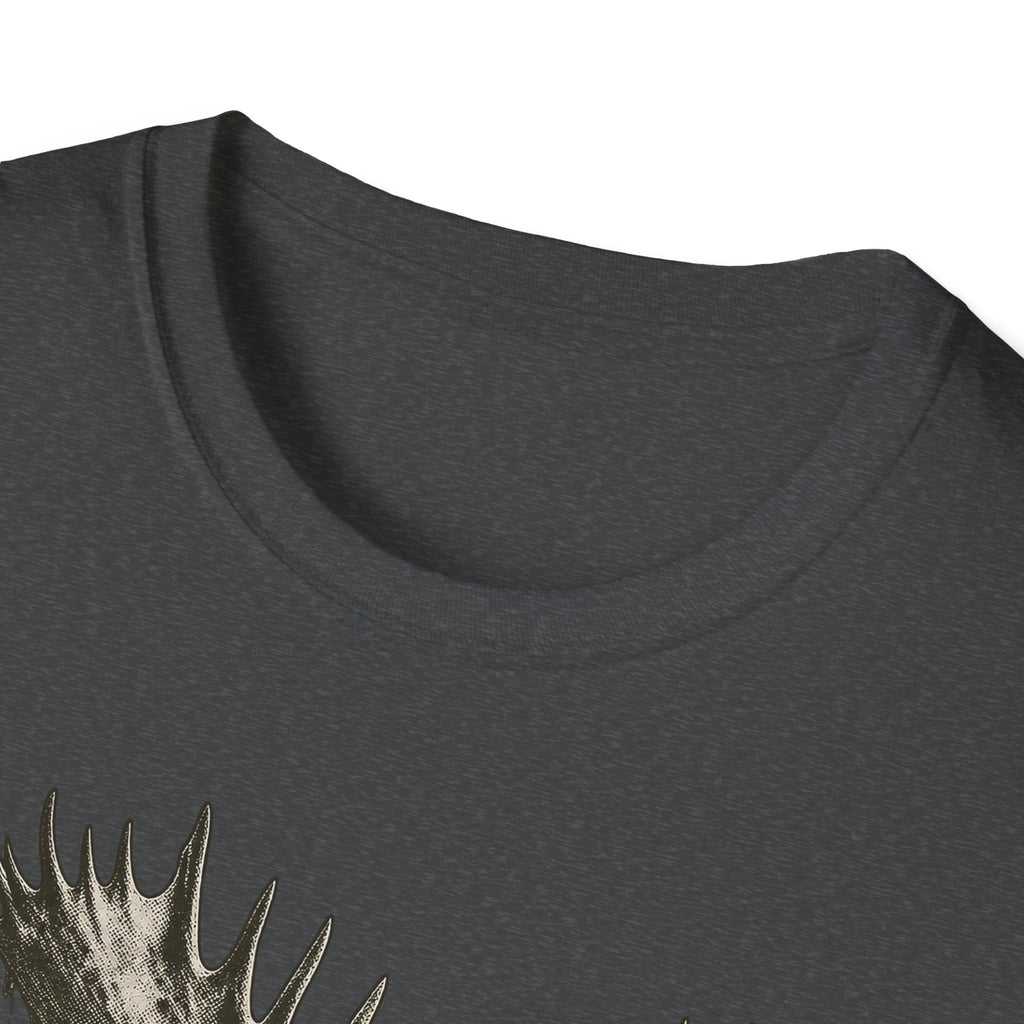 Charcoal heather moose graphic T-shirt with crew neck and partial antlers print