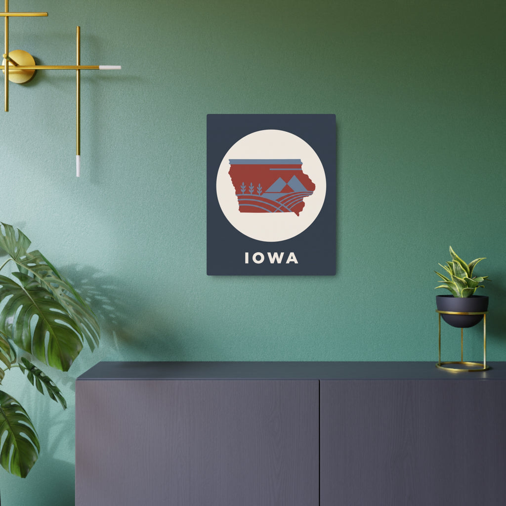 Rectangular metal wall art sign with Iowa map graphic in white circle, dark blue backing