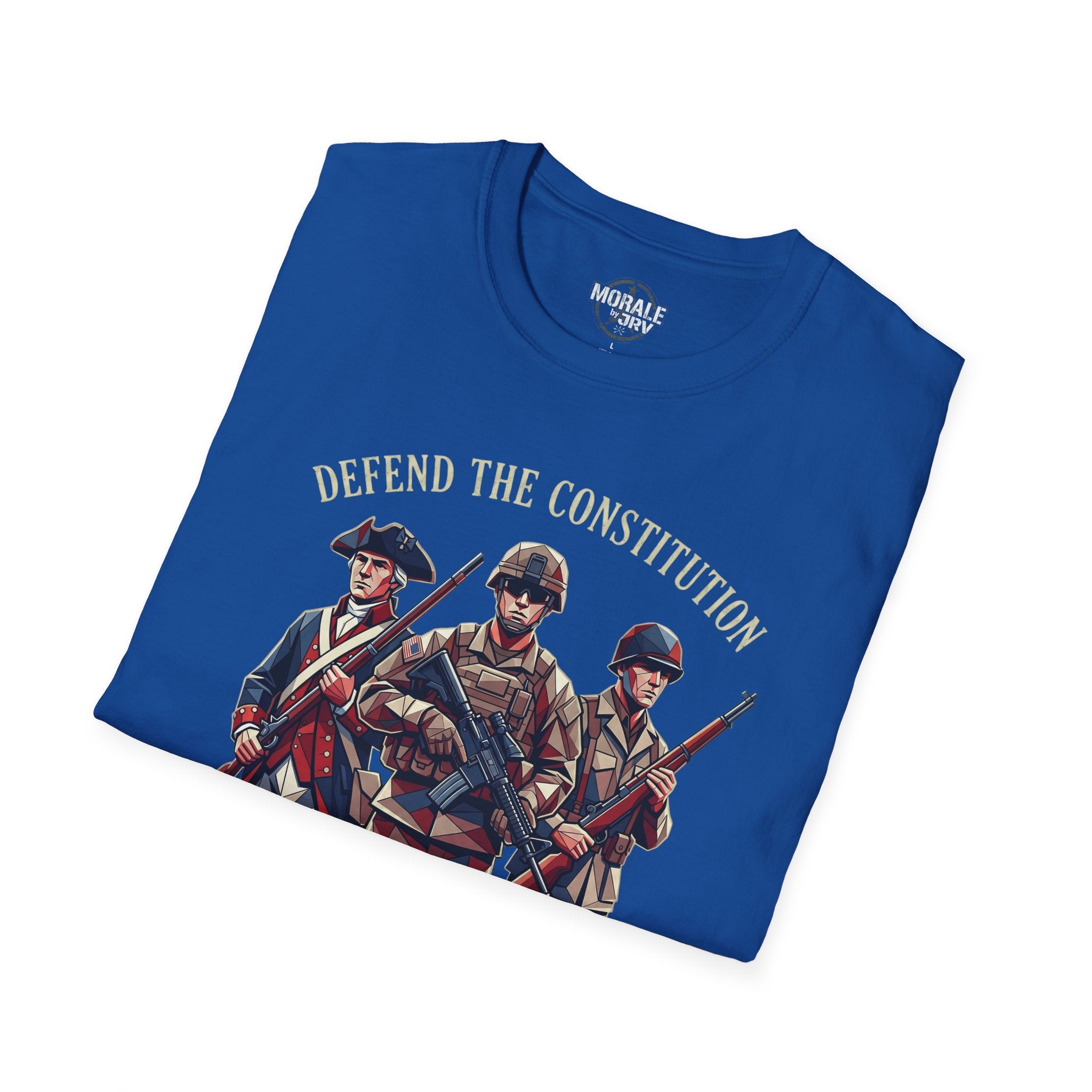 Militia T-shirt, royal blue; “DEFEND THE CONSTITUTION” text with soldier graphic