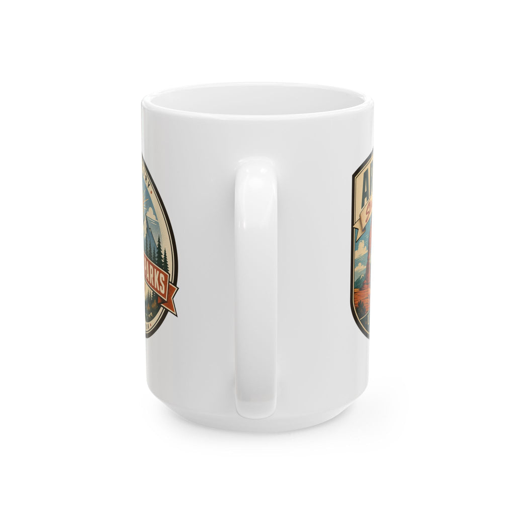 White ceramic mug with right-side badge print and vertical handle