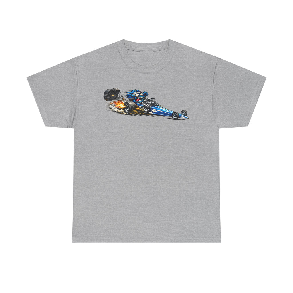 Light gray graphic tee with flaming dragster hot rod car front print