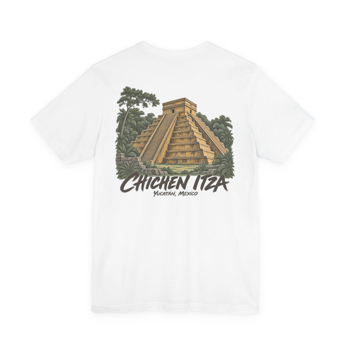 White crew-neck t-shirt with pyramid and palm trees graphic plus "CHICHEN ITZA" text.