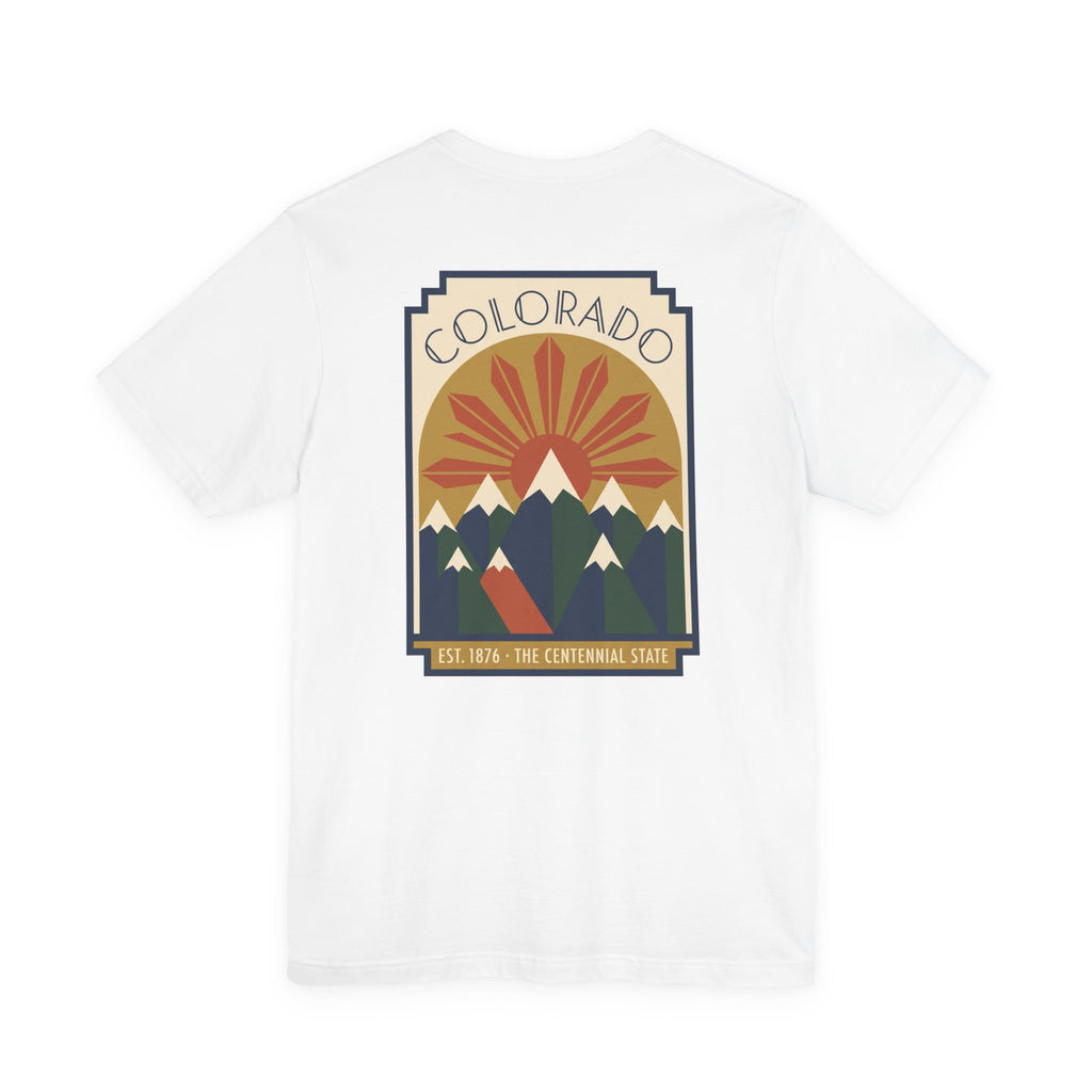 White T-shirt with Colorado sunset mountain graphic front print
