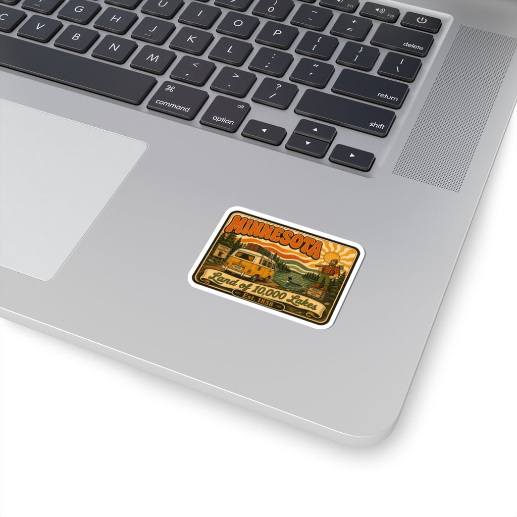 Kiss-cut sticker with Minnesota retro camper van and lake scene, colorful border
