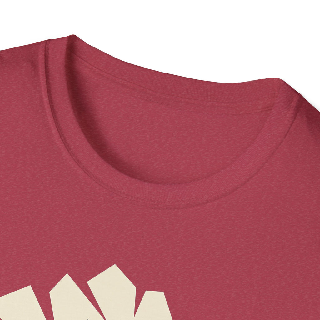 Heather red crew neck T-shirt close-up showing geometric tree graphic highlights