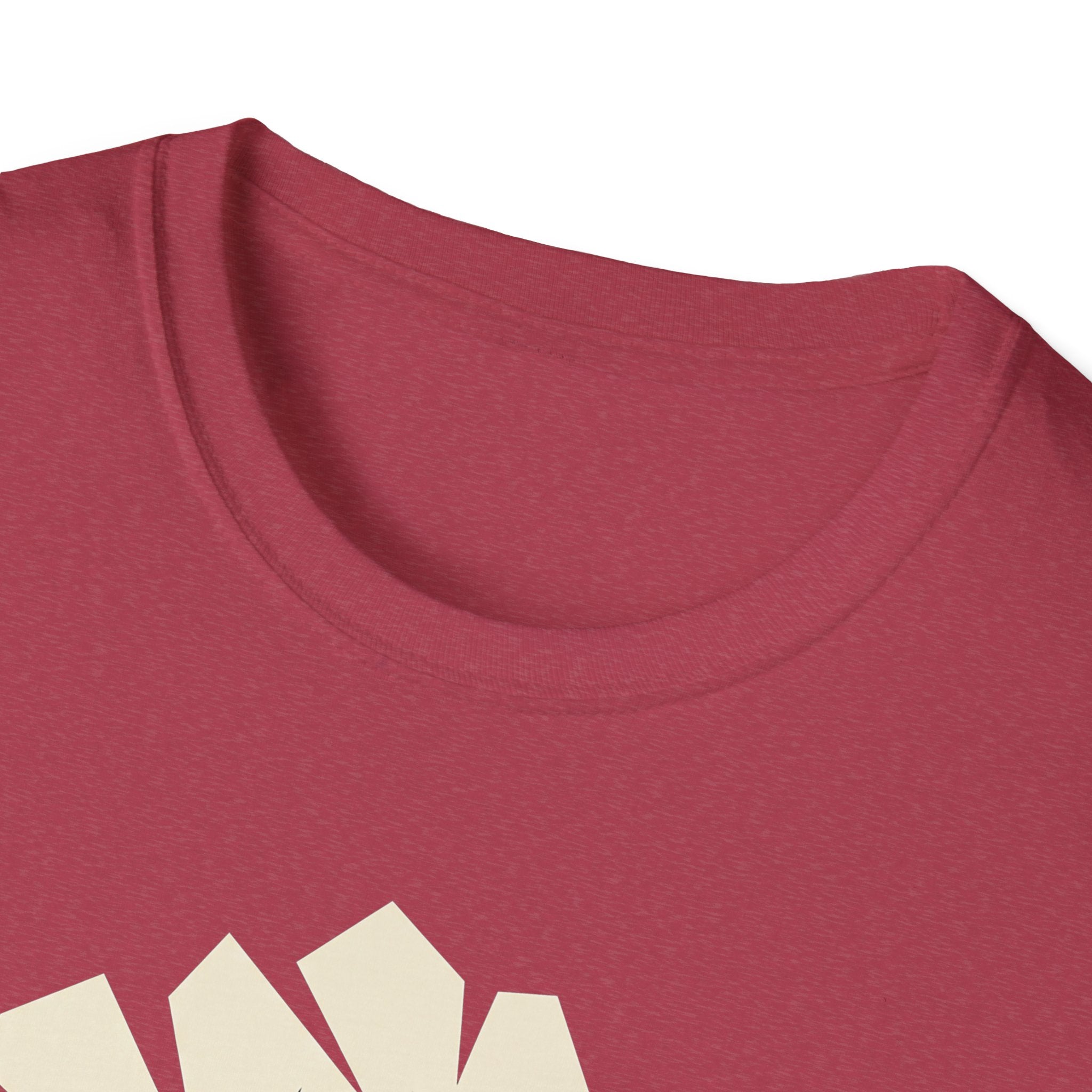 Heather red crew neck T-shirt close-up showing geometric tree graphic highlights