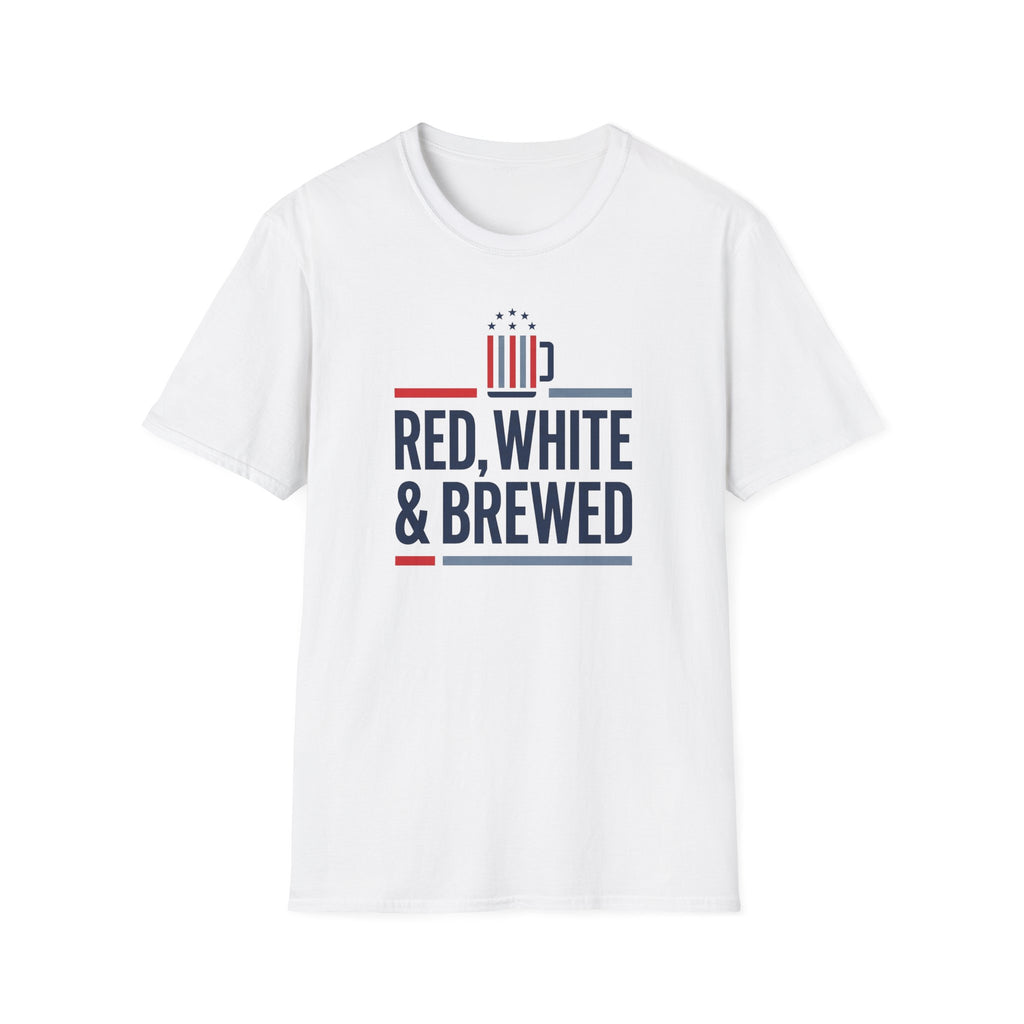 White T-shirt, front graphic reads RED, WHITE & BREWED with flag icons