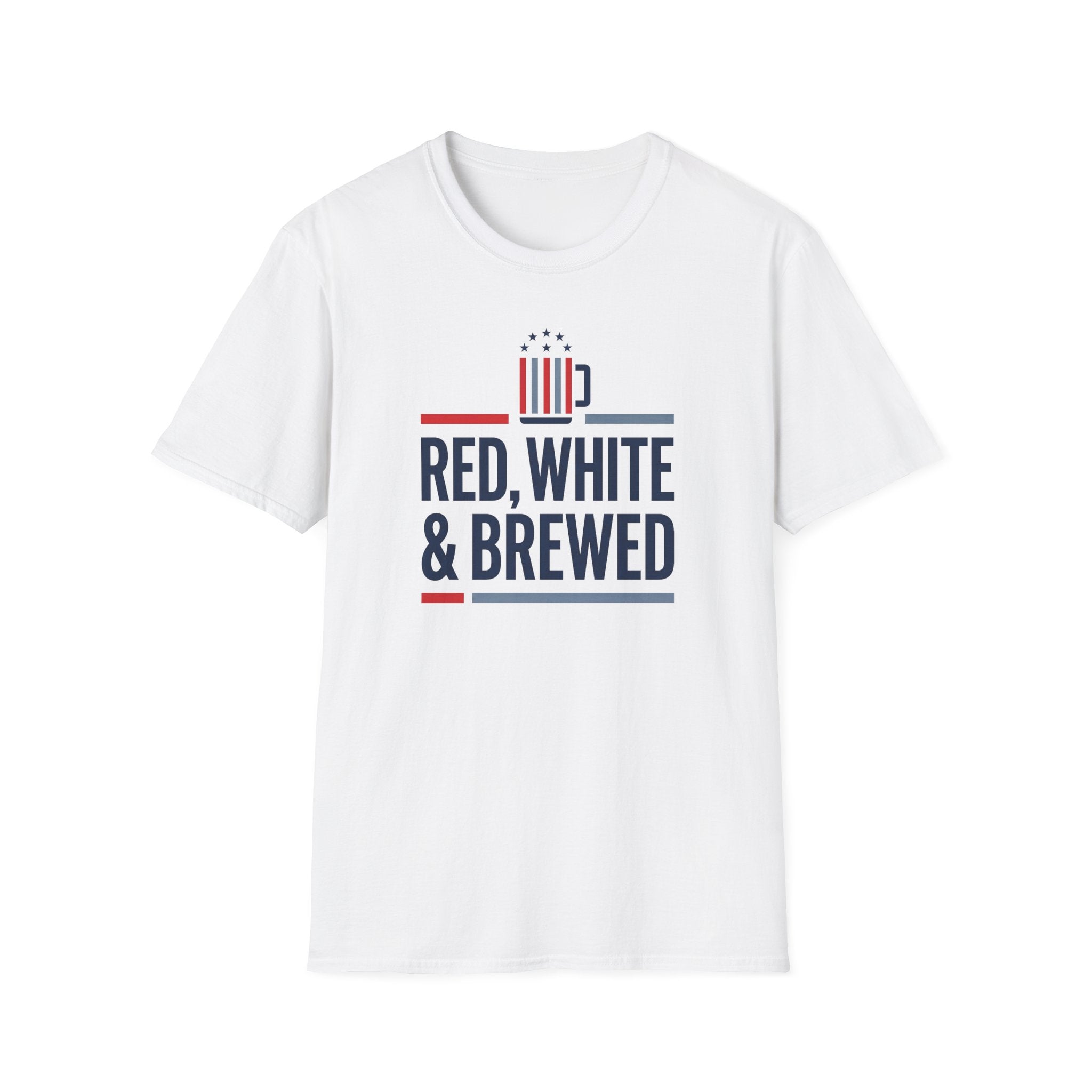 White T-shirt, front graphic reads RED, WHITE & BREWED with flag icons