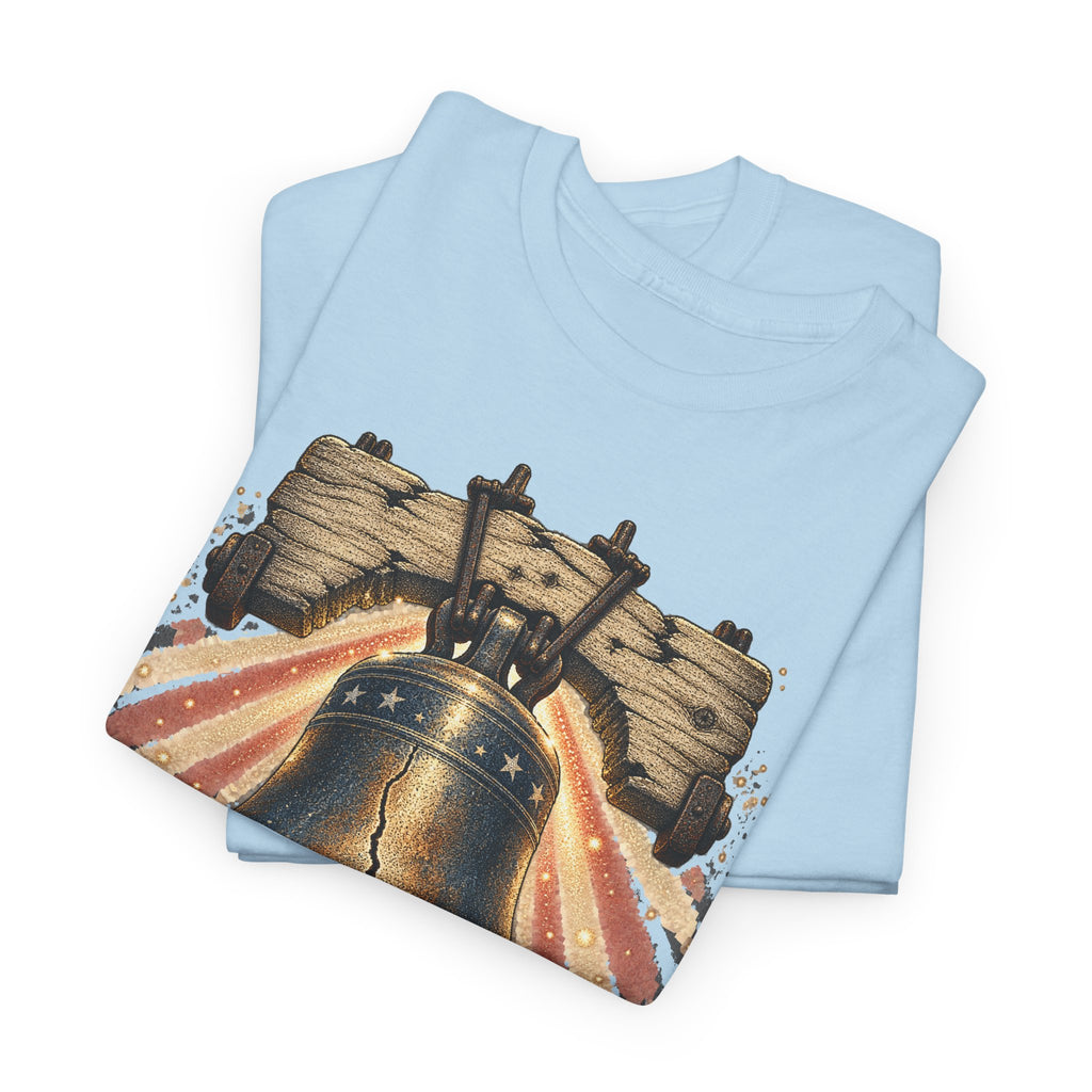 Light blue short-sleeve crewneck T-shirt with patriotic liberty bell graphic.