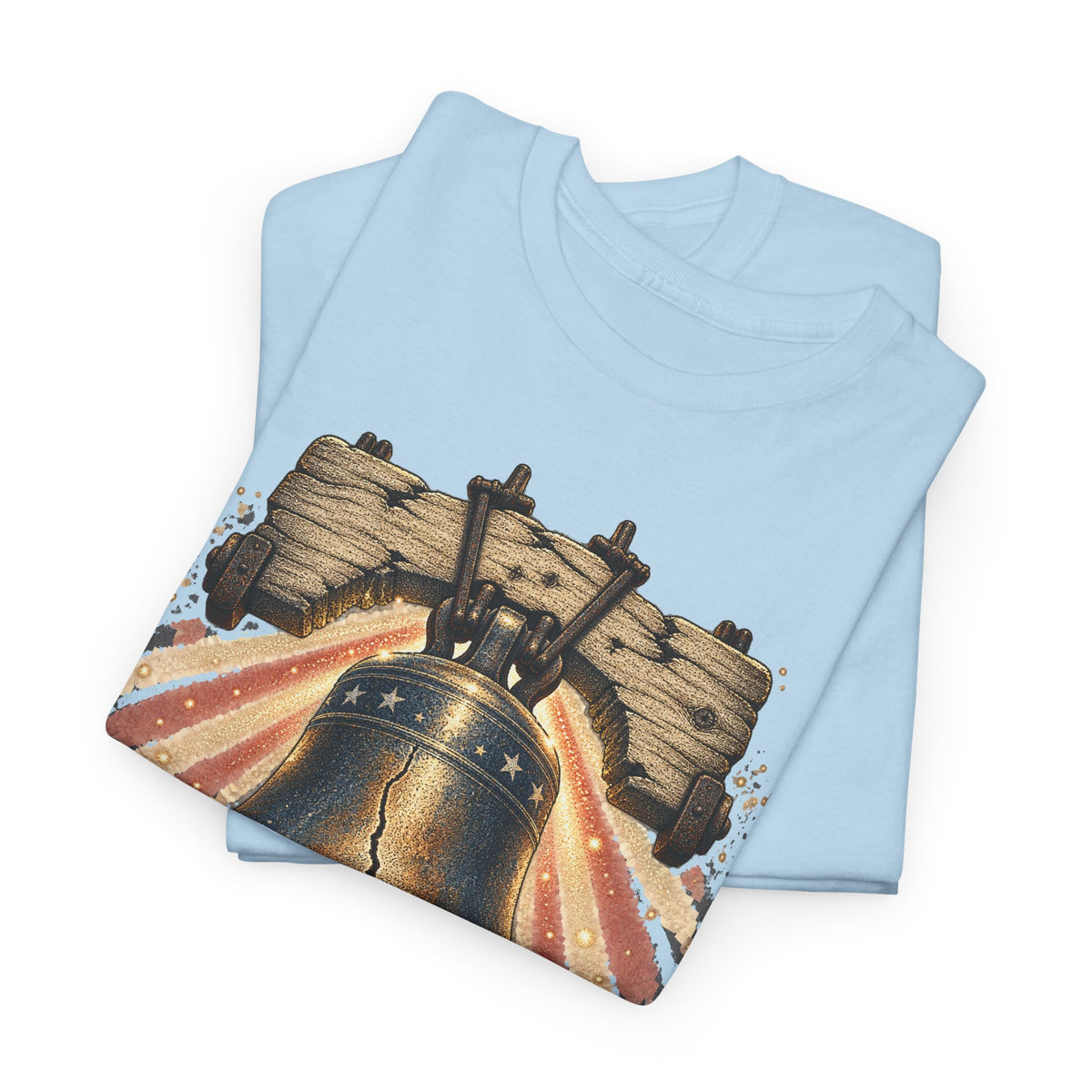 Light blue short-sleeve crewneck T-shirt with patriotic liberty bell graphic.