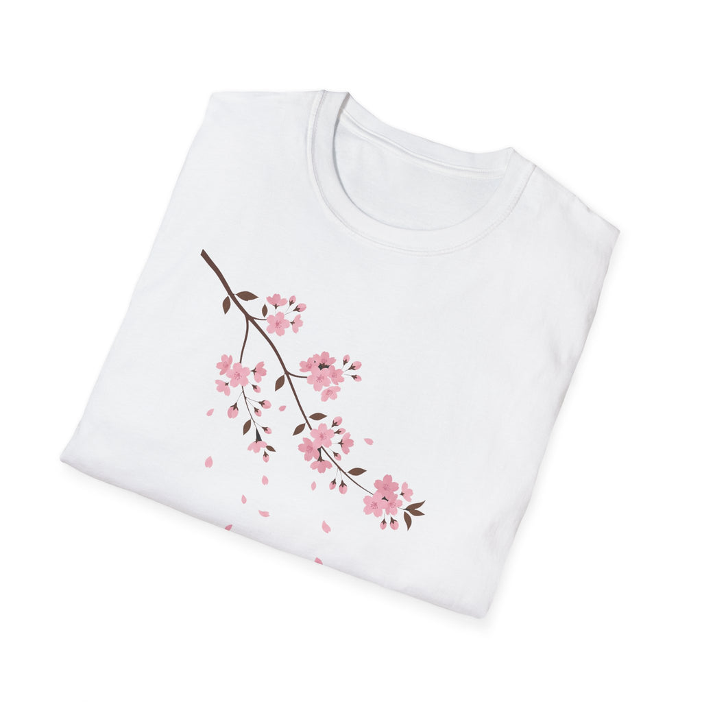 White T-shirt with pink cherry blossom branch and falling petals graphic