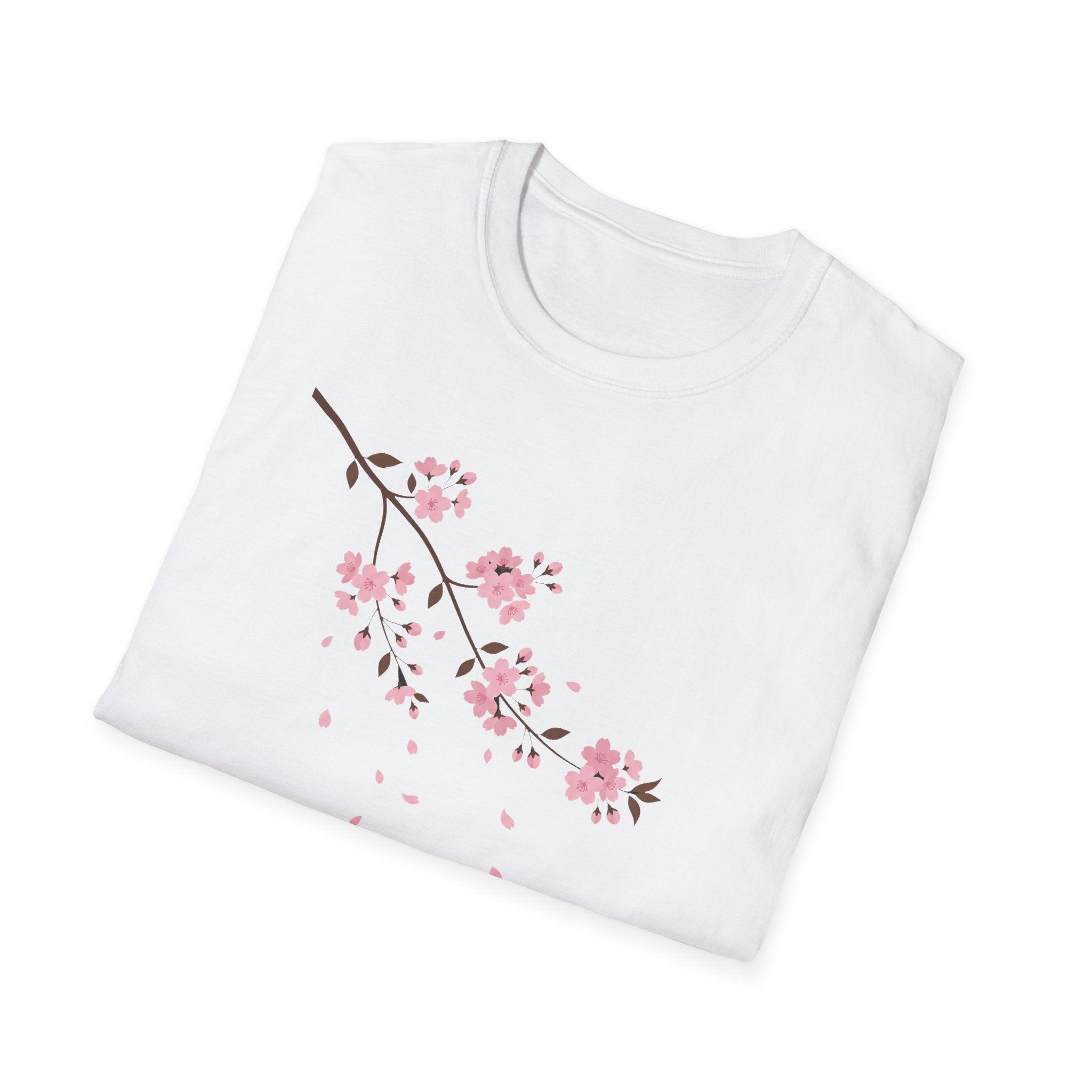 White T-shirt with pink cherry blossom branch and falling petals graphic