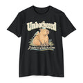 Black T-shirt with unbothered capybara holding a coffee cup graphic