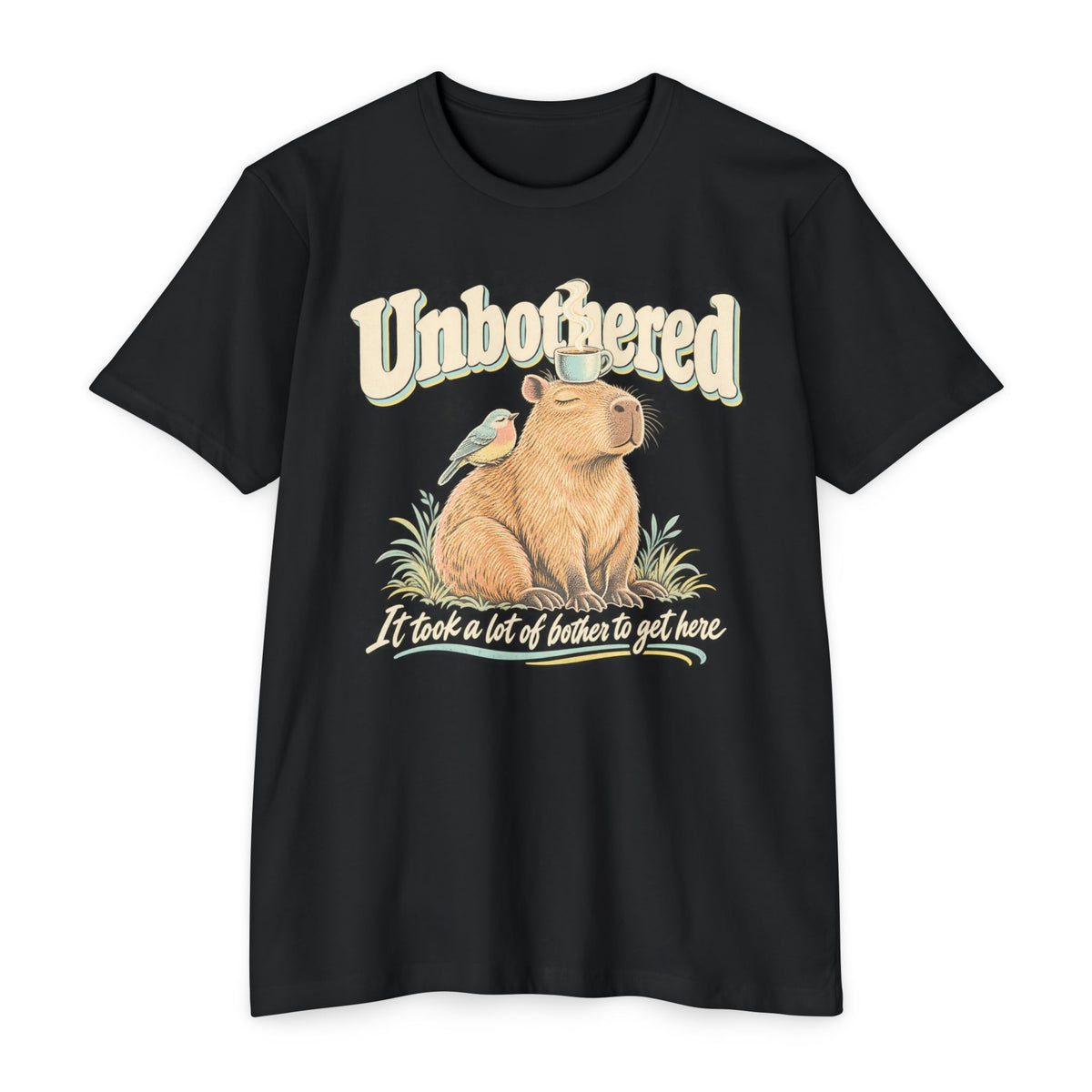 Black T-shirt with unbothered capybara holding a coffee cup graphic