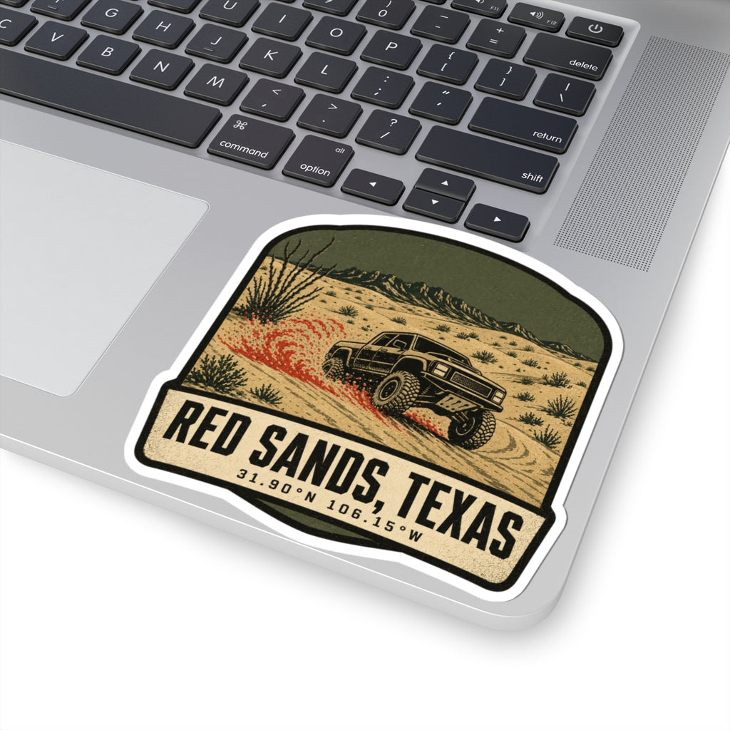 Kiss-cut sticker featuring off-road truck and desert dunes scene with thick dark border.
