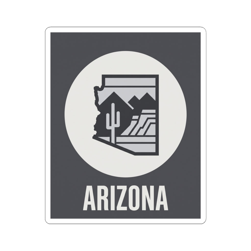 Arizona desert badge sticker: dark gray square with white circle logo and ARIZONA text