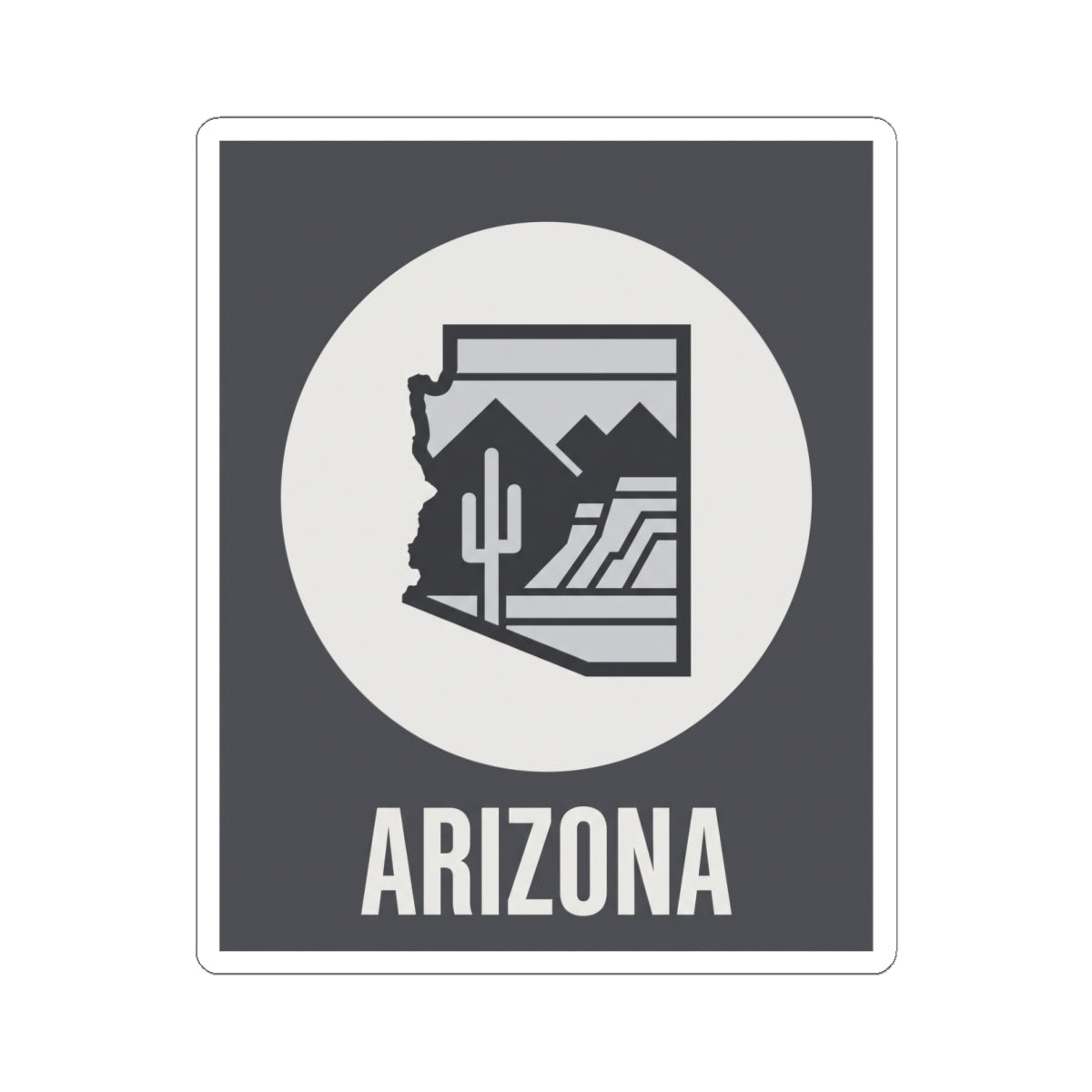 Arizona desert badge sticker: dark gray square with white circle logo and ARIZONA text