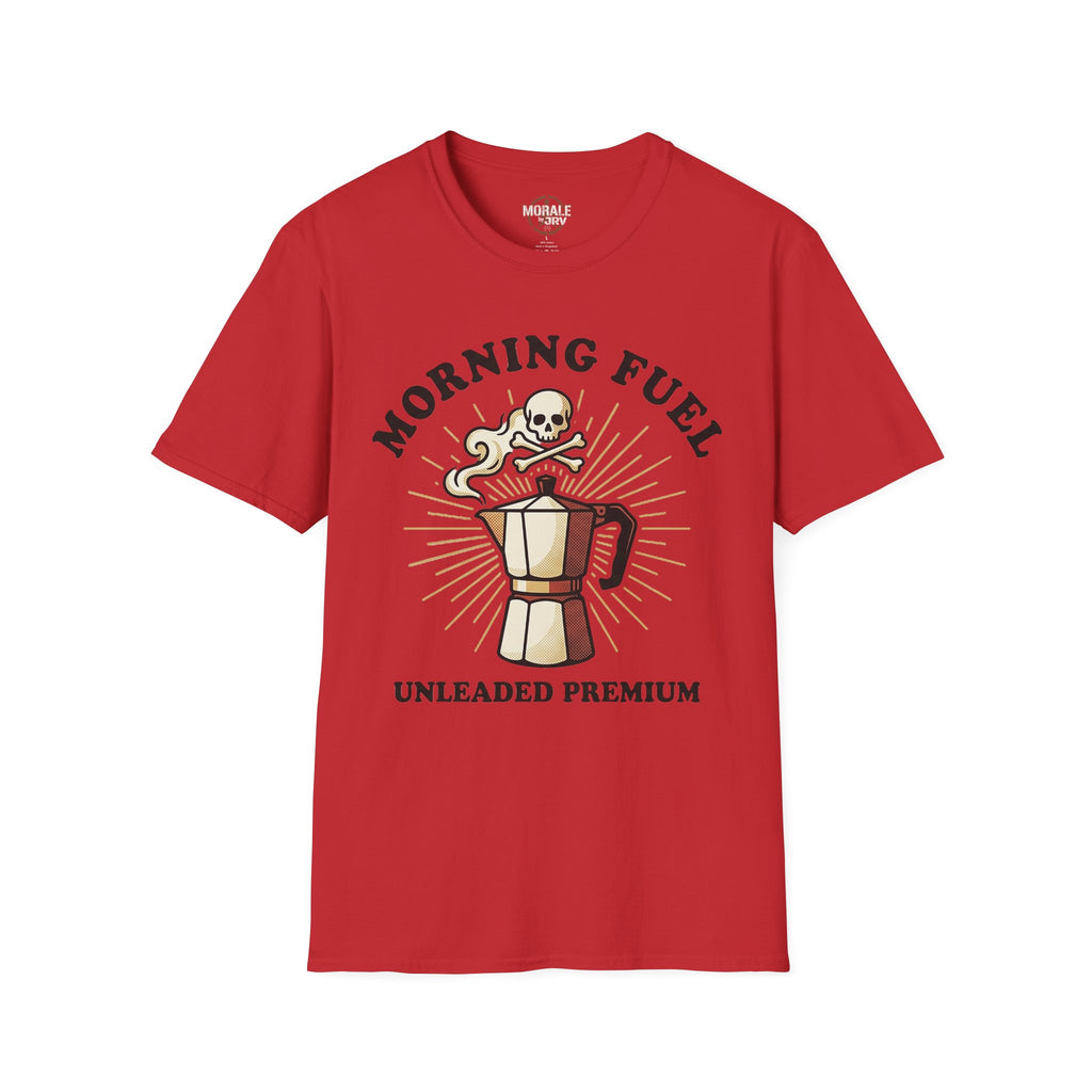 Red unisex tee: “Morning Fuel” skull moka pot graphic, “Unleaded Premium”
