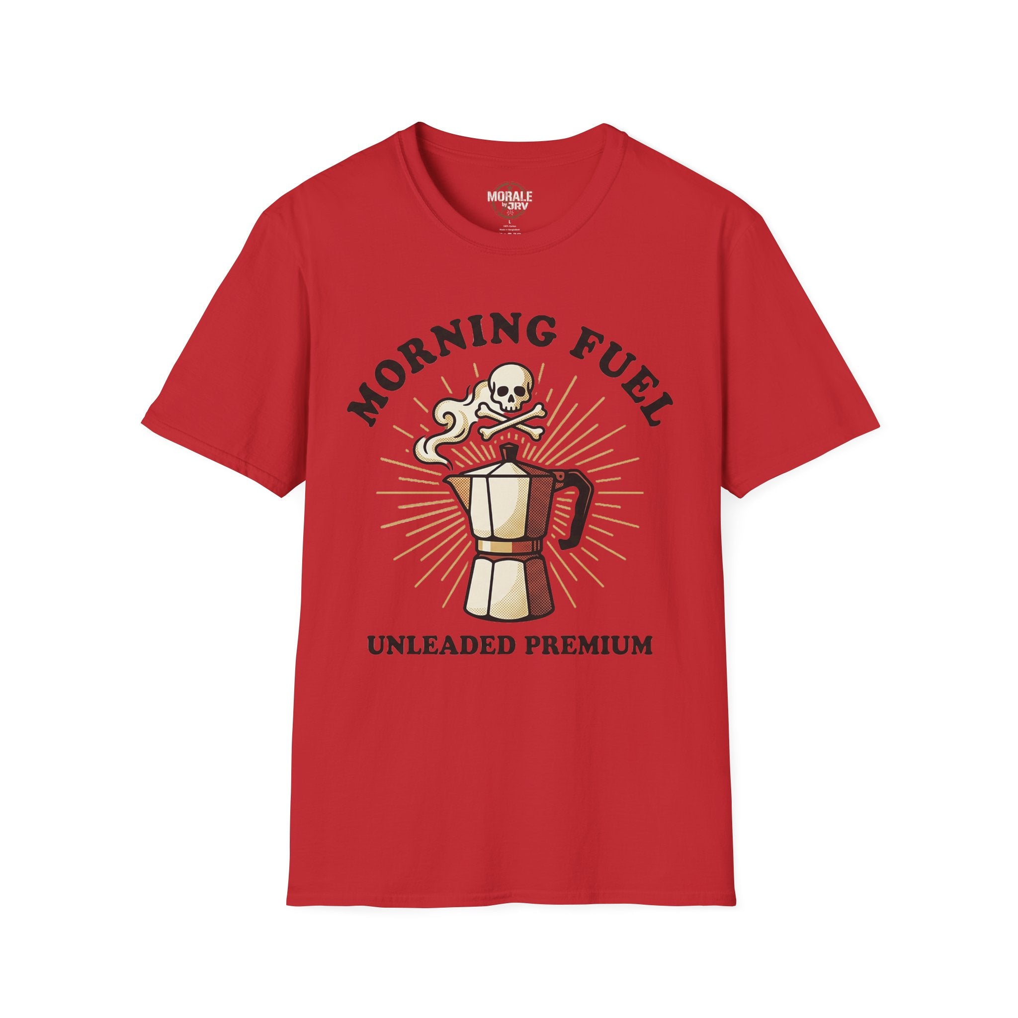 Red unisex tee: “Morning Fuel” skull moka pot graphic, “Unleaded Premium”