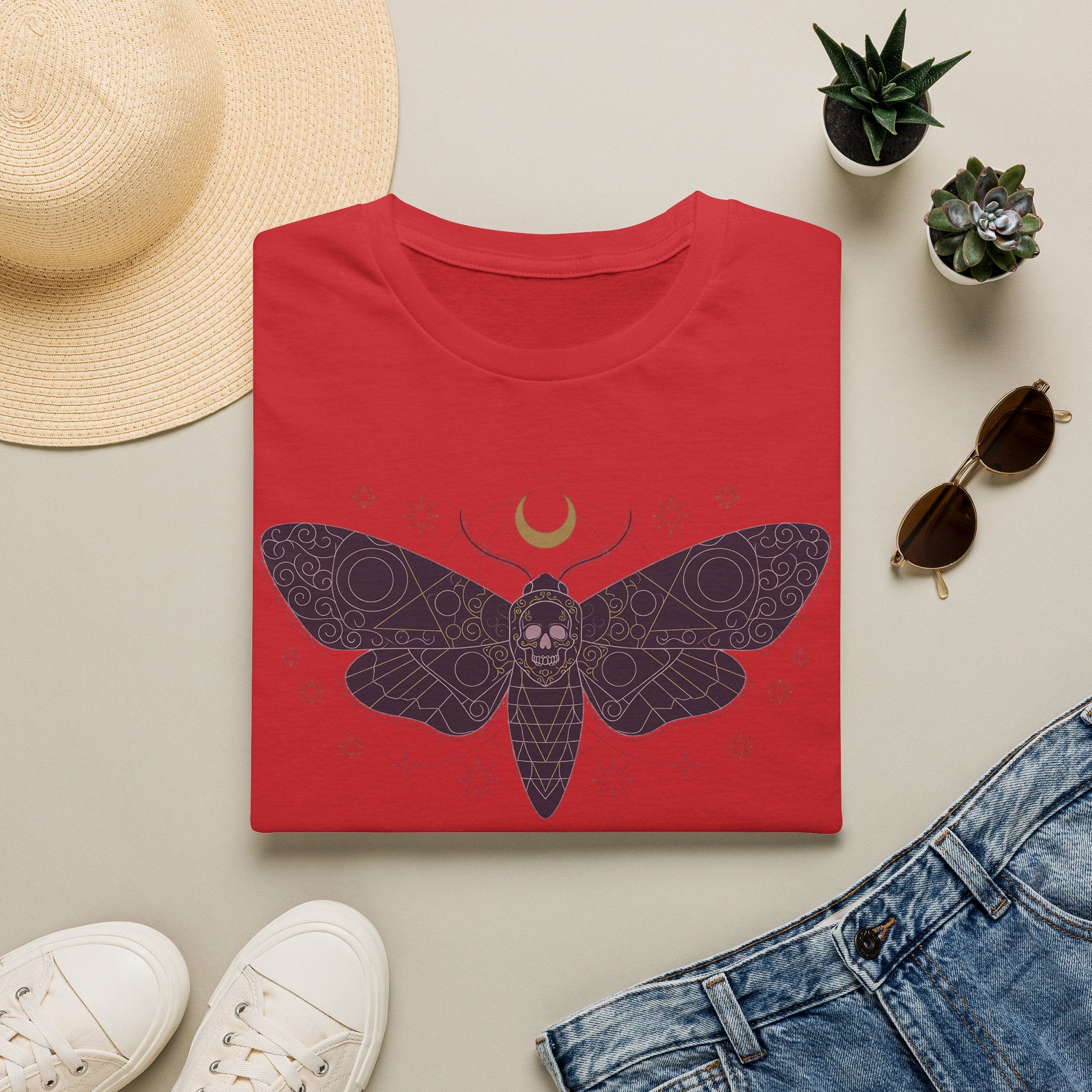 Red moth graphic T-shirt with skull-style moth wings and crescent moon print