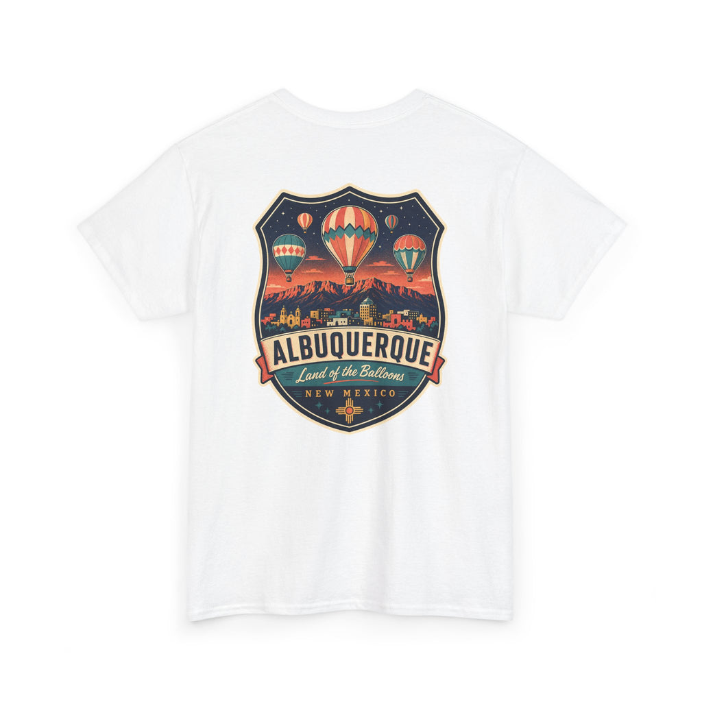 White T-shirt with Albuquerque hot air balloon badge graphic on chest