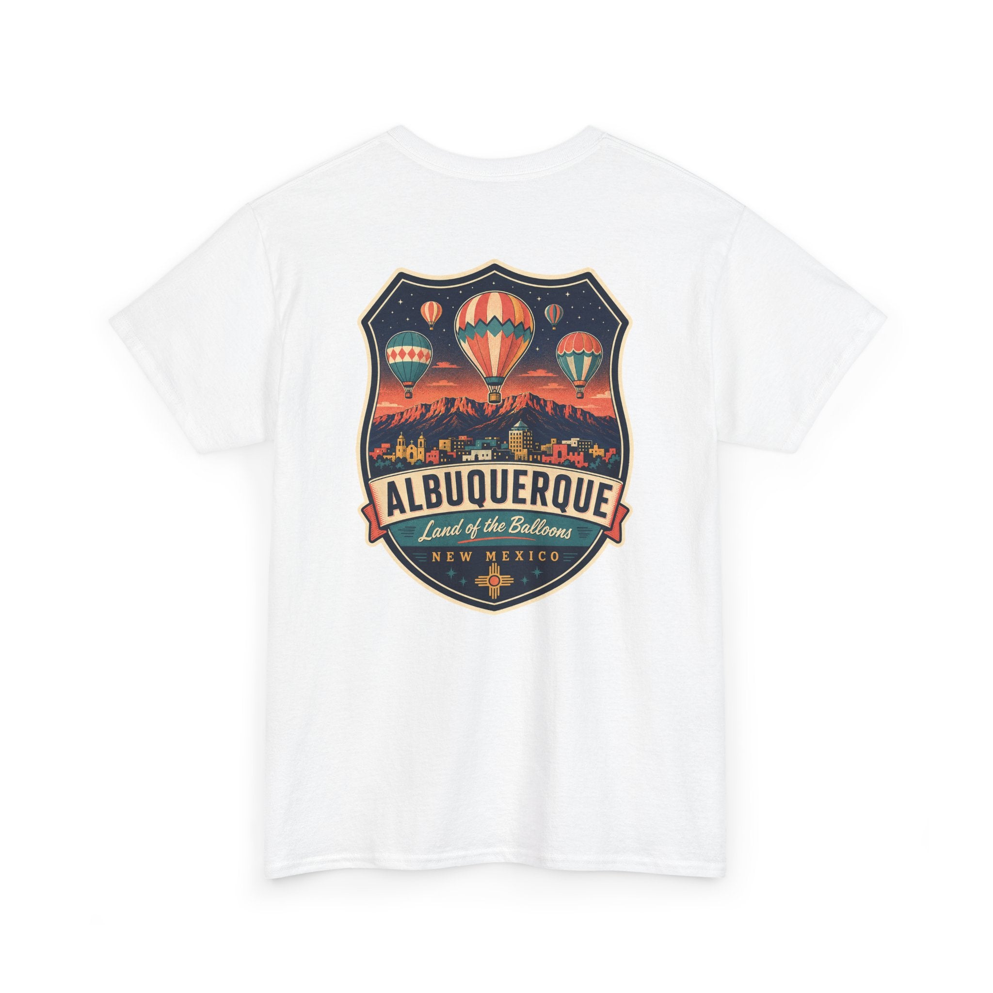 White T-shirt with Albuquerque hot air balloon badge graphic on chest