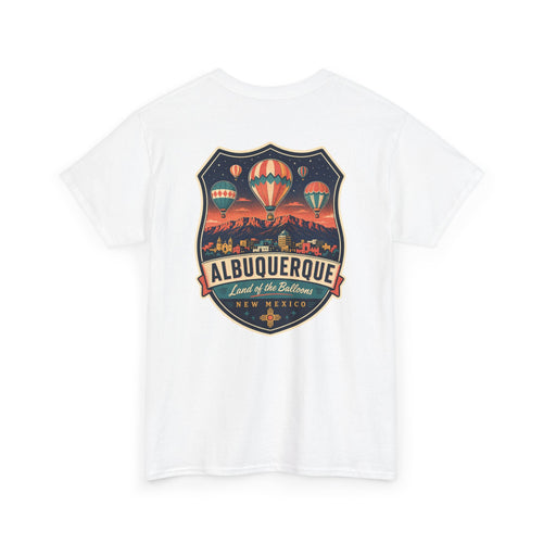 White T-shirt with Albuquerque hot air balloon badge graphic on chest