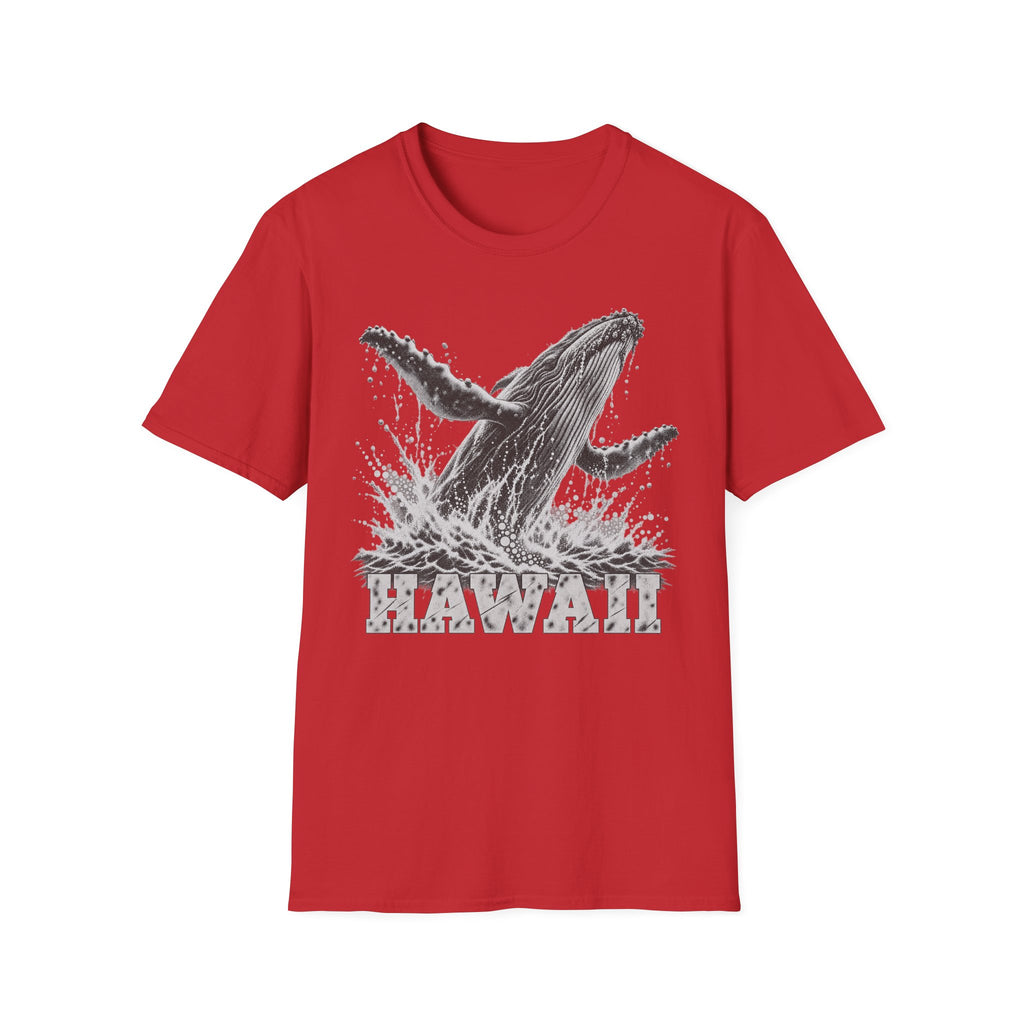 Red crewneck T-shirt with white breaching humpback whale and “HAWAII” graphic