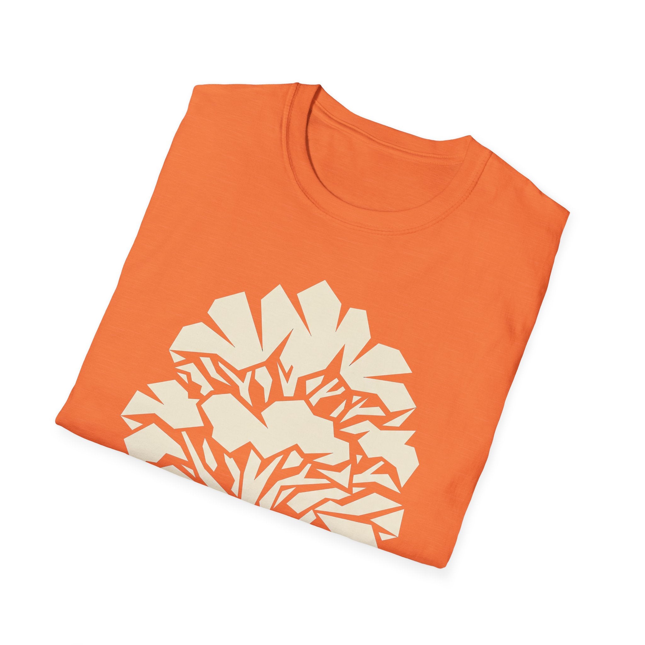 Orange T-shirt with white geometric tree silhouette front graphic